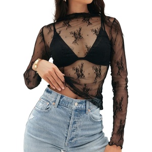 MEROKEETY Womens Mesh Sheer Lace Long Sleeve Tops 2026 See Through Mock Neck Shirt Fashion Blouses Date Night Outfit Clothes(Black)
