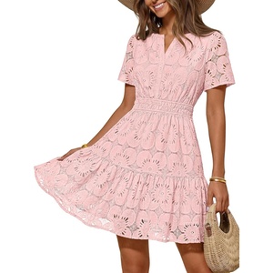 MEROKEETY Women’s Summer Lace Boho Mini Dress 2026 Short Sleeve Floral Eyelet A Line Vacation Beach Short Sundress(Pink)