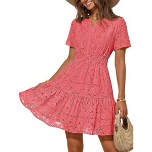 MEROKEETY Women’s Summer Lace Boho Mini Dress 2026 Short Sleeve Floral Eyelet A Line Vacation Beach Short Sundress(Watermelon)