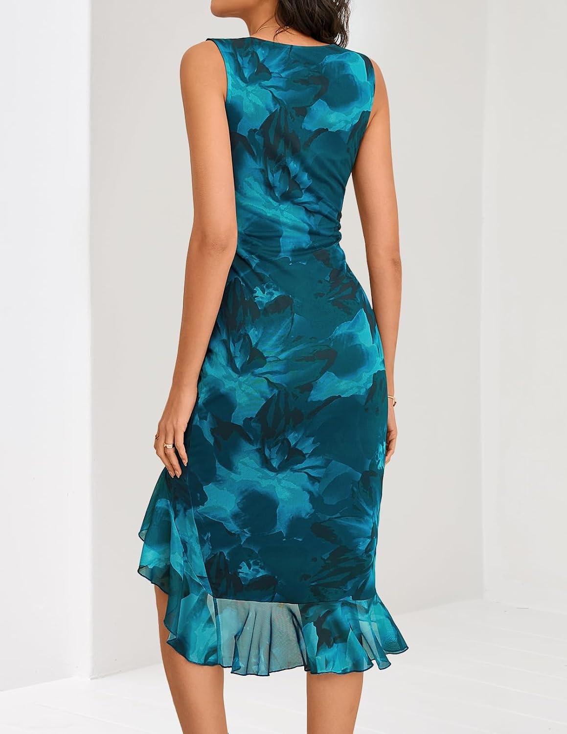 image:imageMEROKEETY Womens 2026 Summer Floral Bodycon Dress Square Neck Sleeveless Ruffle Cocktail Mesh Beach Vacation Midi DressesTeal