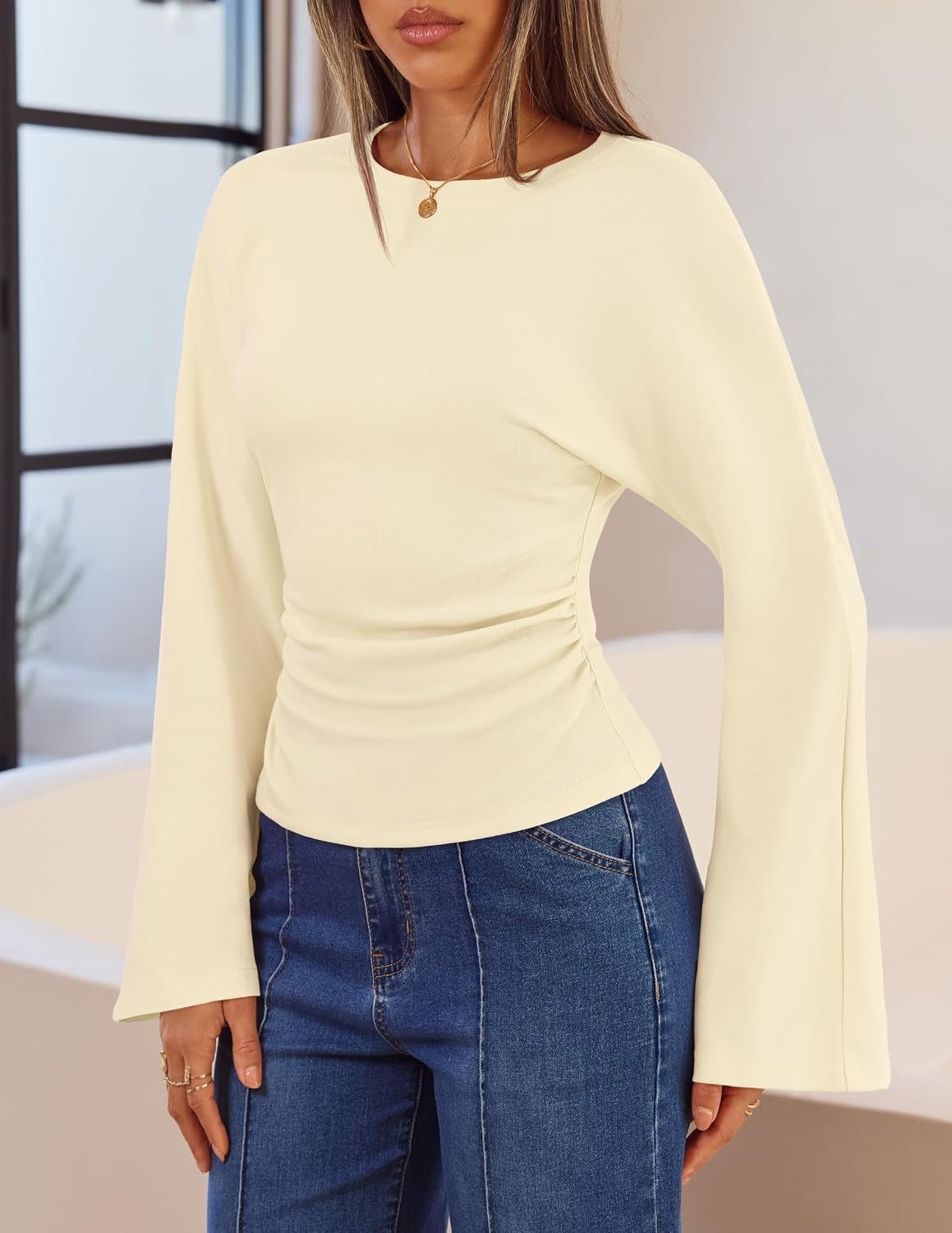 image:imageMEROKEETY Womens Bell Long Sleeve Tops Going Out Trendy Fall 2026 Shirts Elegant Crew Neck Shirt Ruched Side Crop Blouse Y2K Fashion Cotton Fabric Business Casual Work Date Western Cute ClothesBeige