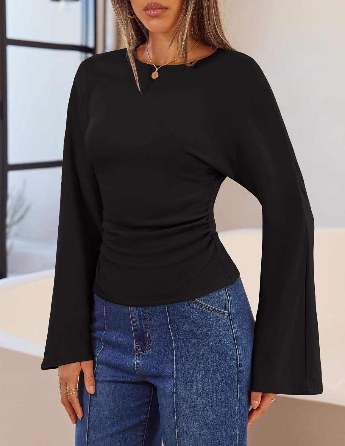 image:imageMEROKEETY Womens Bell Long Sleeve Tops Going Out Trendy Fall 2026 Shirts Elegant Crew Neck Shirt Ruched Side Crop Blouse Y2K Fashion Cotton Fabric Business Casual Work Date Western Cute ClothesBlack