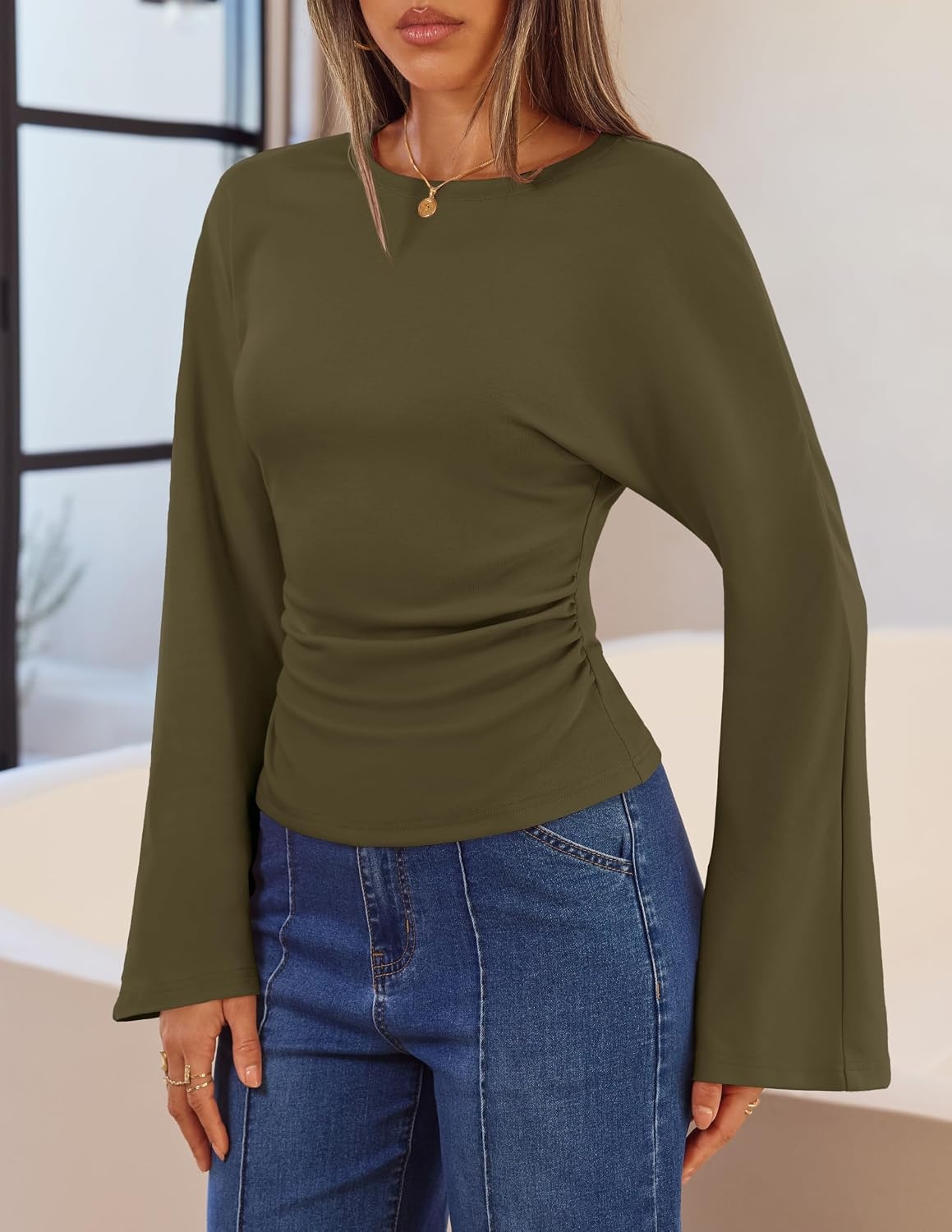 image:imageMEROKEETY Womens Bell Long Sleeve Tops Going Out Trendy Fall 2026 Shirts Elegant Crew Neck Shirt Ruched Side Crop Blouse Y2K Fashion Cotton Fabric Business Casual Work Date Western Cute ClothesArmygreen