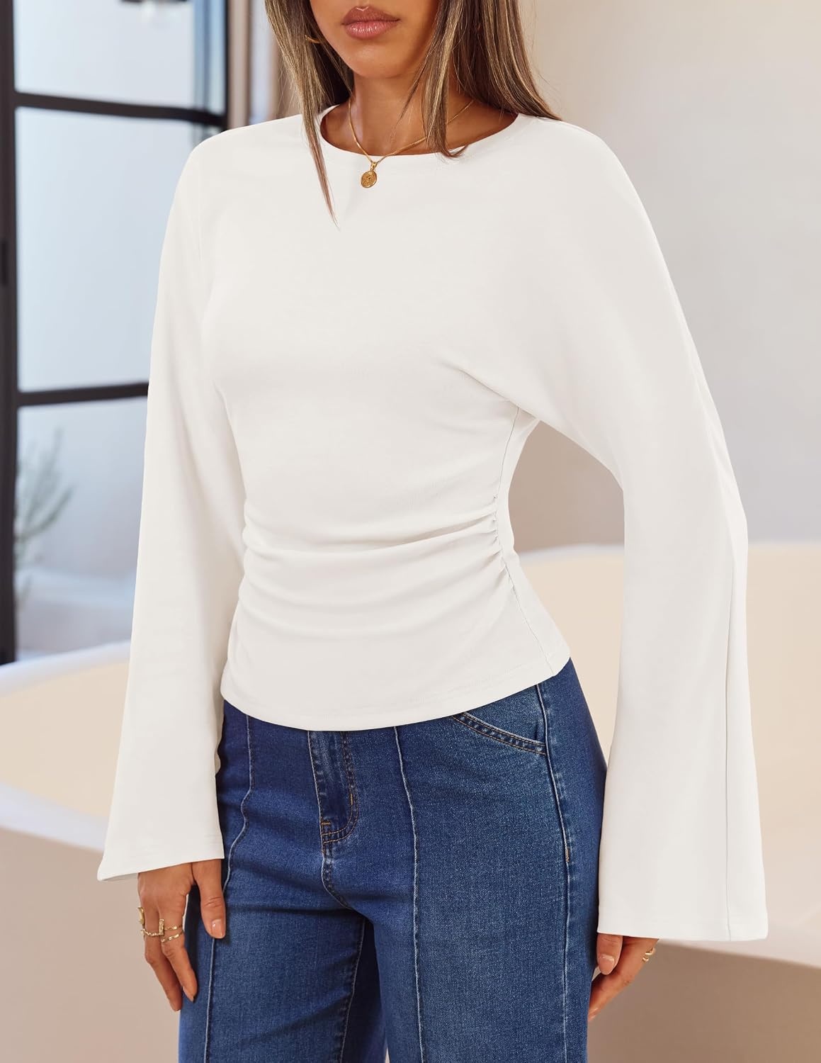 image:imageMEROKEETY Womens Bell Long Sleeve Tops Going Out Trendy Fall 2026 Shirts Elegant Crew Neck Shirt Ruched Side Crop Blouse Y2K Fashion Cotton Fabric Business Casual Work Date Western Cute ClothesWhite
