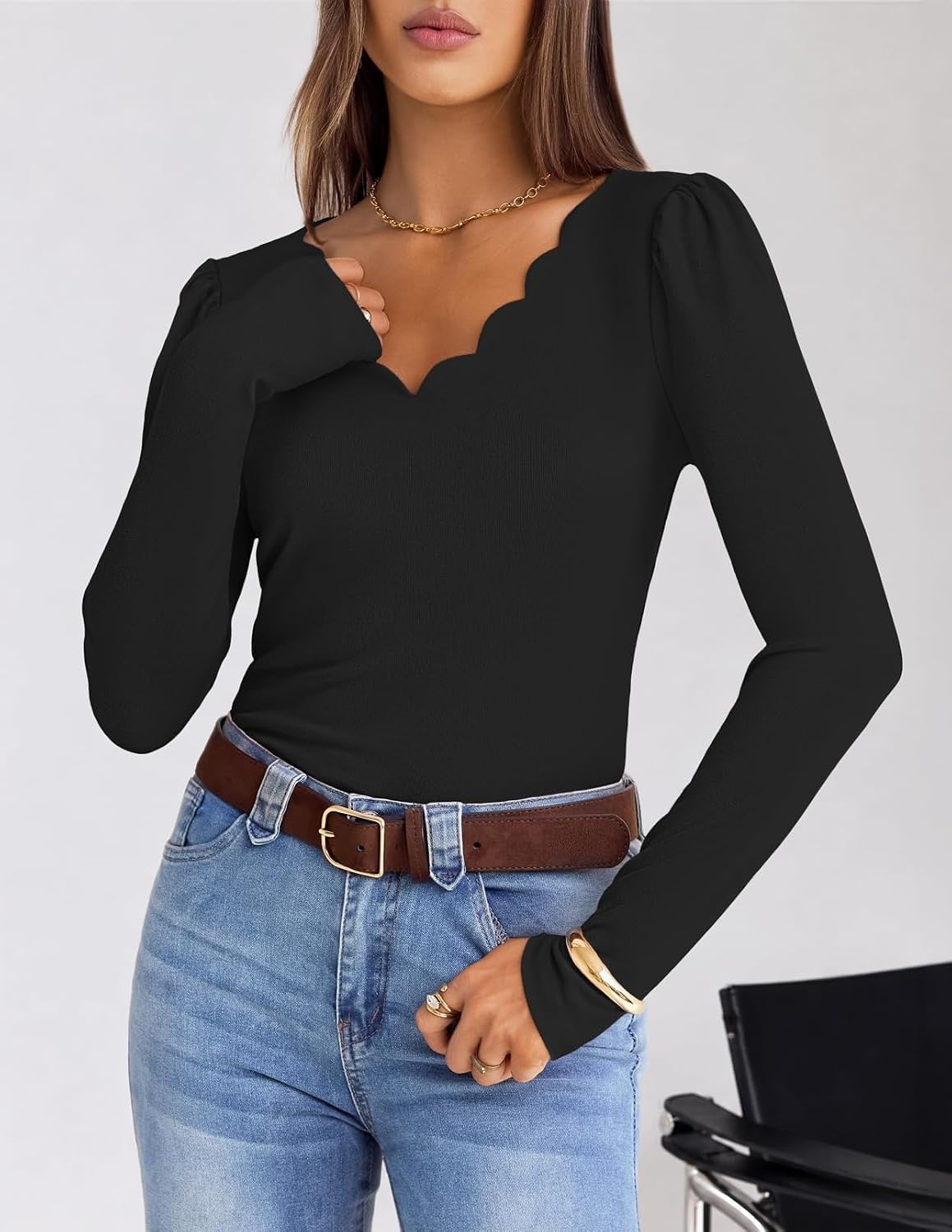image:imageMEROKEETY Womens Fall Puff Long Sleeve Business Casual Tops Scalloped V Neck Cute Trendy Dressy Soft and Stretchy Work TShirt Ribbed Knit Fitted Blouse Going Out ClothesBlack