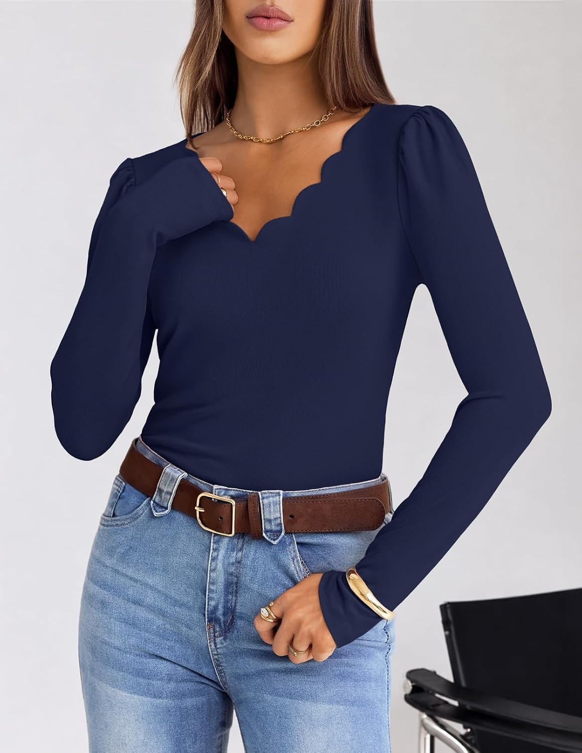 image:imageMEROKEETY Womens Fall Puff Long Sleeve Business Casual Tops Scalloped V Neck Cute Trendy Dressy Soft and Stretchy Work TShirt Ribbed Knit Fitted Blouse Going Out ClothesNavy