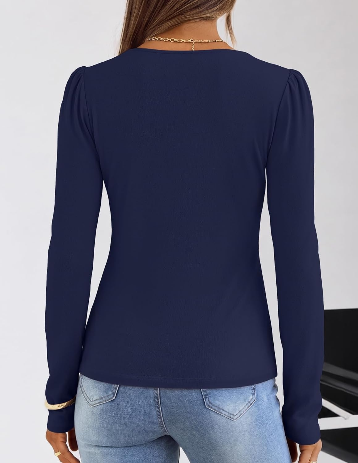 image:imageMEROKEETY Womens Fall Puff Long Sleeve Business Casual Tops Scalloped V Neck Cute Trendy Dressy Soft and Stretchy Work TShirt Ribbed Knit Fitted Blouse Going Out ClothesNavy