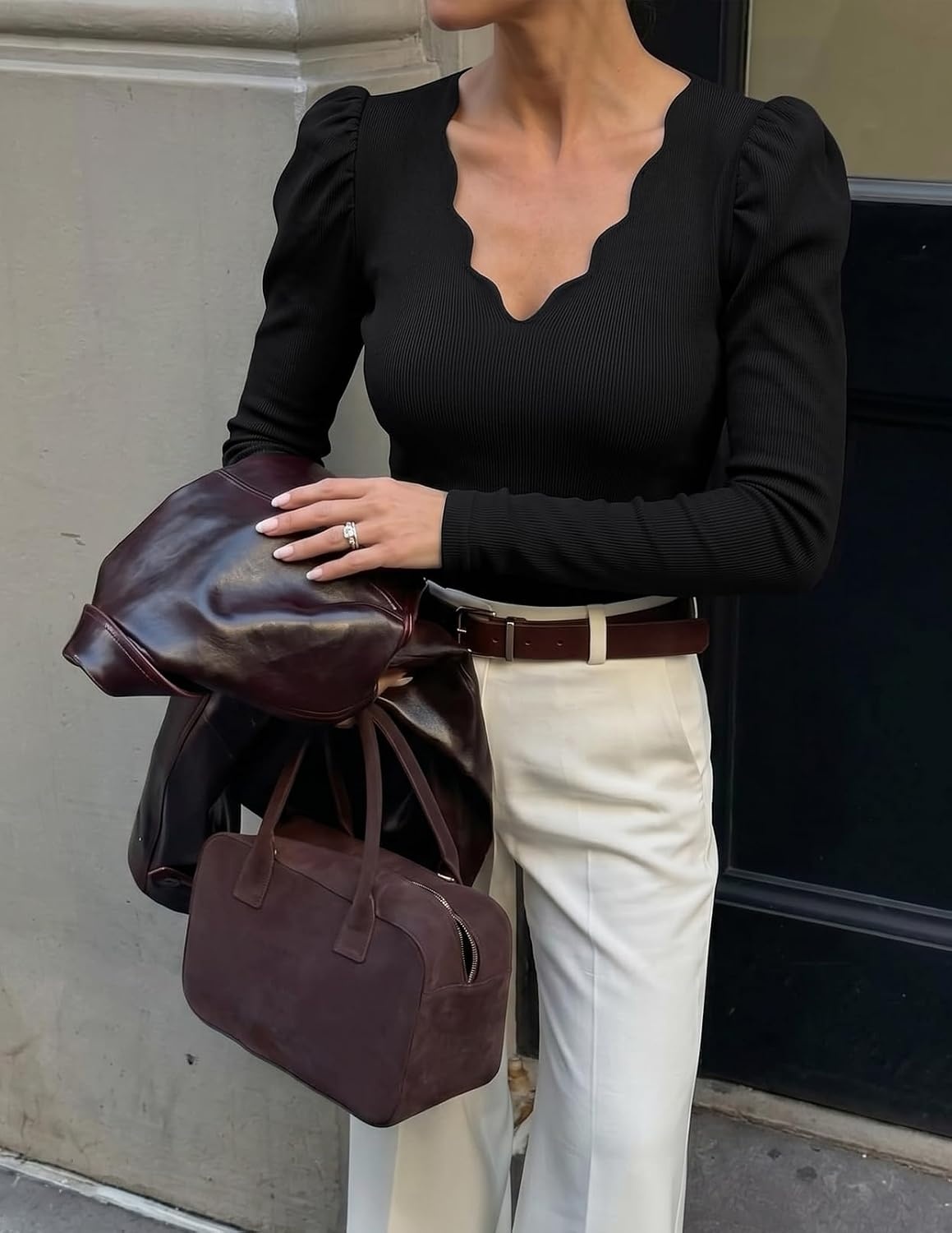 image:imageMEROKEETY Womens Fall Puff Long Sleeve Business Casual Tops Scalloped V Neck Cute Trendy Dressy Soft and Stretchy Work TShirt Ribbed Knit Fitted Blouse Going Out ClothesBlack