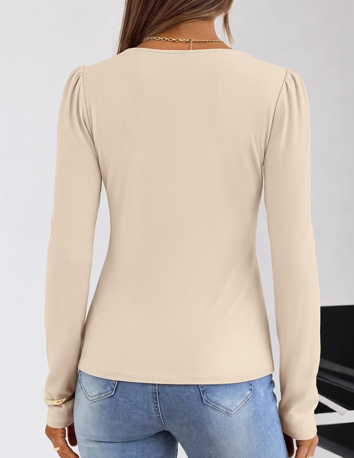 image:imageMEROKEETY Womens Fall Puff Long Sleeve Business Casual Tops Scalloped V Neck Cute Trendy Dressy Soft and Stretchy Work TShirt Ribbed Knit Fitted Blouse Going Out ClothesApricot
