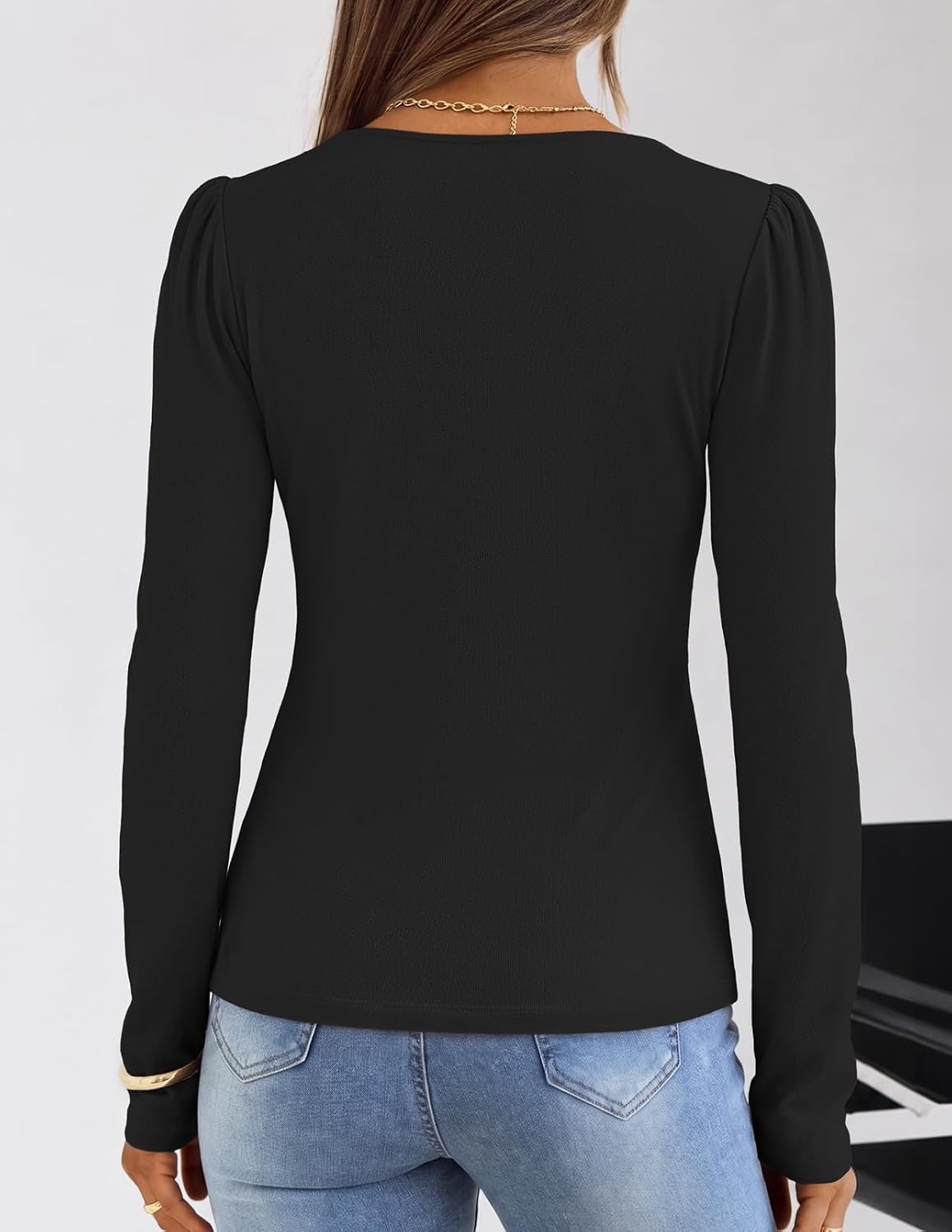 image:imageMEROKEETY Womens Fall Puff Long Sleeve Business Casual Tops Scalloped V Neck Cute Trendy Dressy Soft and Stretchy Work TShirt Ribbed Knit Fitted Blouse Going Out ClothesBlack