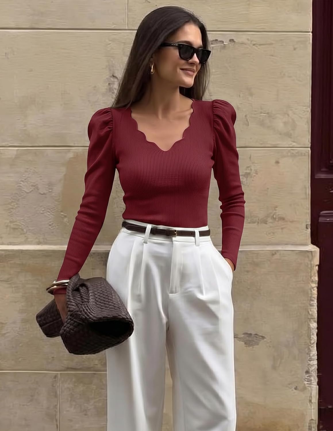image:imageMEROKEETY Womens Fall Puff Long Sleeve Business Casual Tops Scalloped V Neck Cute Trendy Dressy Soft and Stretchy Work TShirt Ribbed Knit Fitted Blouse Going Out ClothesWine
