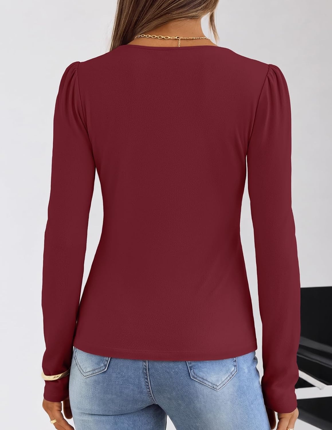 image:imageMEROKEETY Womens Fall Puff Long Sleeve Business Casual Tops Scalloped V Neck Cute Trendy Dressy Soft and Stretchy Work TShirt Ribbed Knit Fitted Blouse Going Out ClothesWine