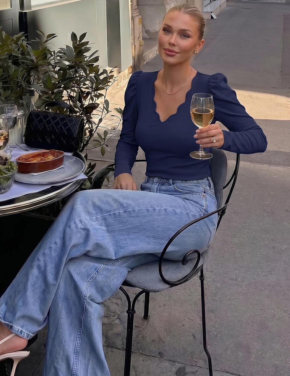 image:imageMEROKEETY Womens Fall Puff Long Sleeve Business Casual Tops Scalloped V Neck Cute Trendy Dressy Soft and Stretchy Work TShirt Ribbed Knit Fitted Blouse Going Out ClothesNavy
