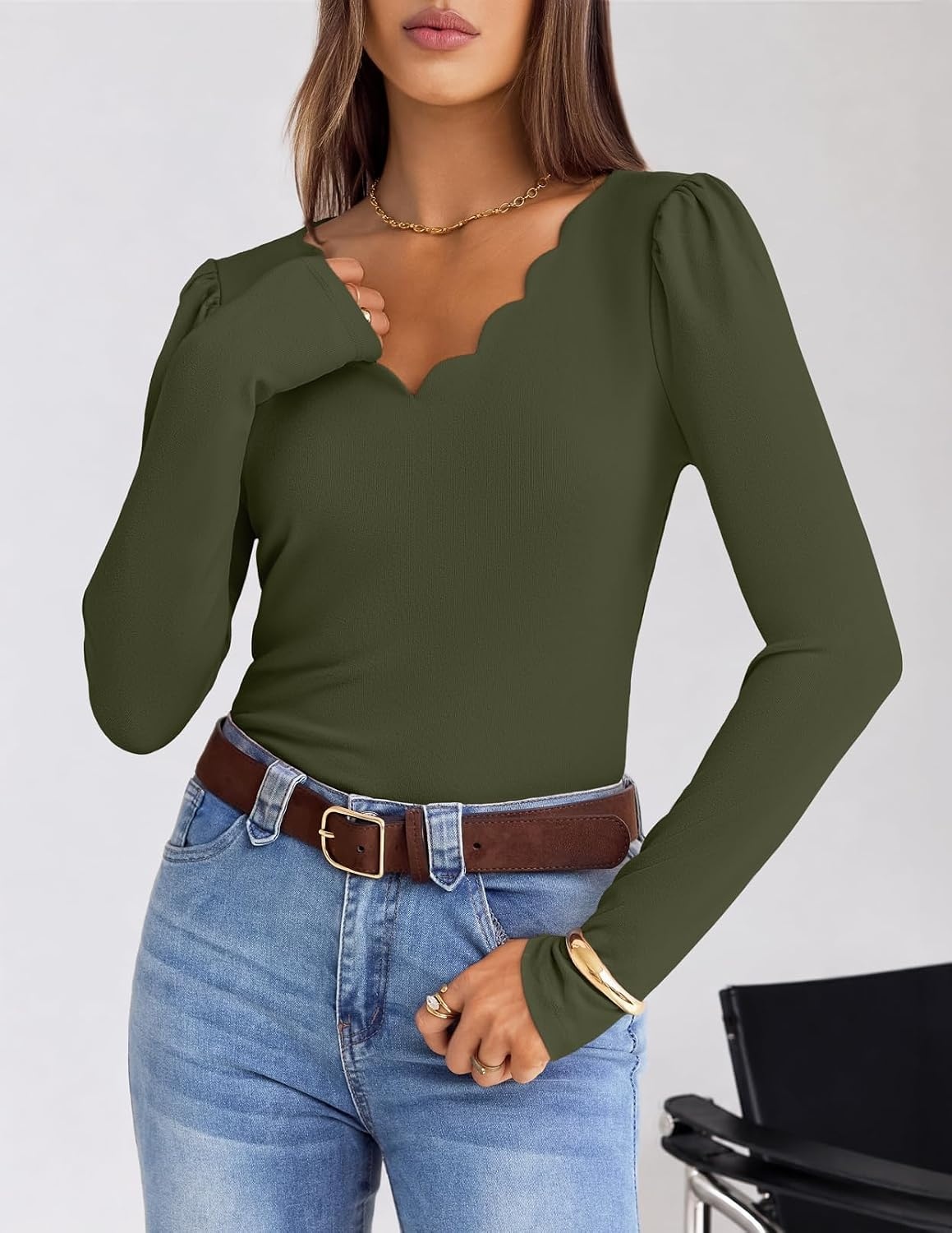 image:imageMEROKEETY Womens Fall Puff Long Sleeve Business Casual Tops Scalloped V Neck Cute Trendy Dressy Soft and Stretchy Work TShirt Ribbed Knit Fitted Blouse Going Out ClothesArmy