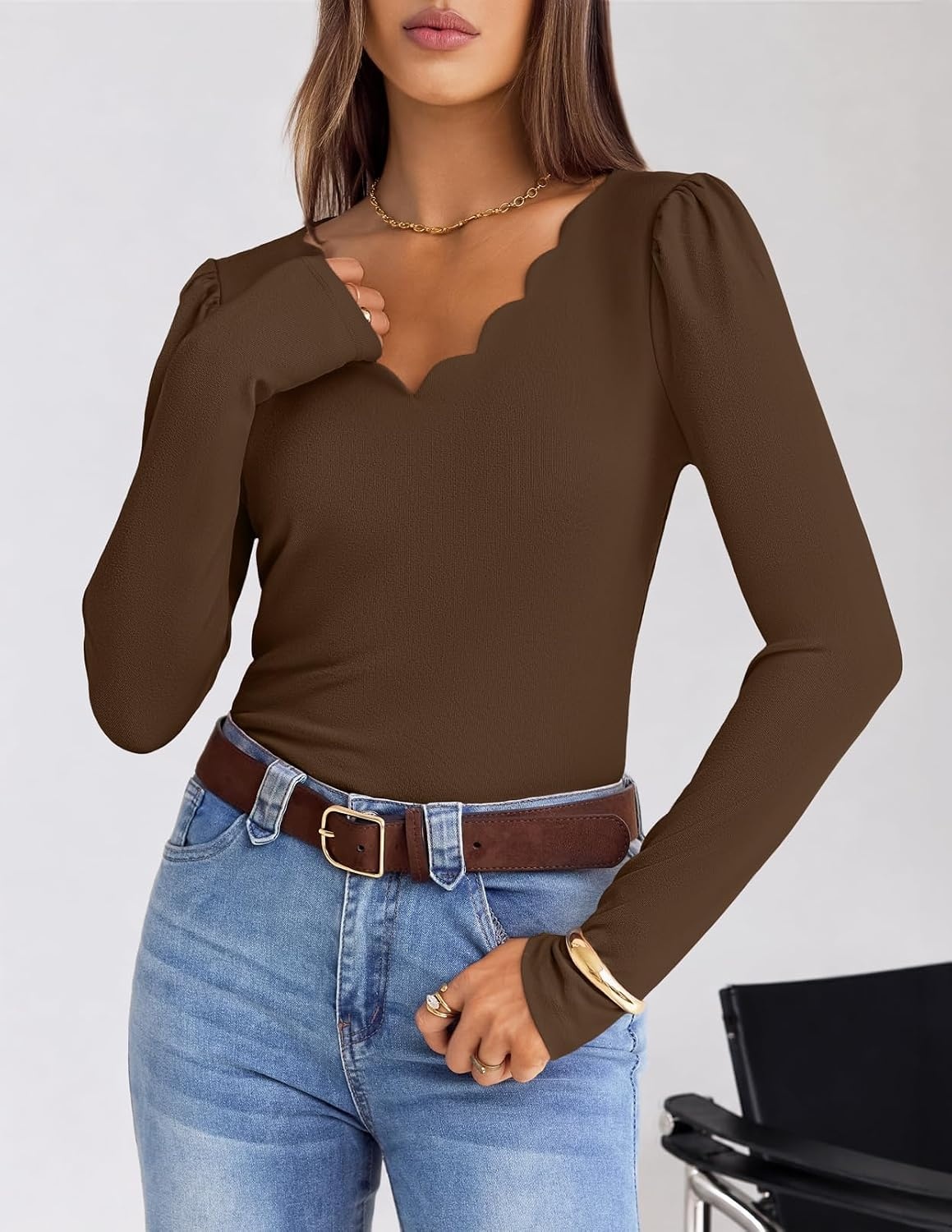 image:imageMEROKEETY Womens Fall Puff Long Sleeve Business Casual Tops Scalloped V Neck Cute Trendy Dressy Soft and Stretchy Work TShirt Ribbed Knit Fitted Blouse Going Out ClothesBrown