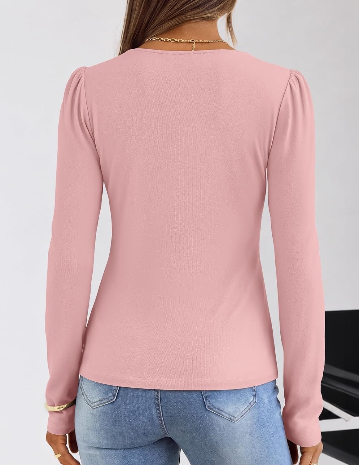 image:imageMEROKEETY Womens Fall Puff Long Sleeve Business Casual Tops Scalloped V Neck Cute Trendy Dressy Soft and Stretchy Work TShirt Ribbed Knit Fitted Blouse Going Out ClothesPink