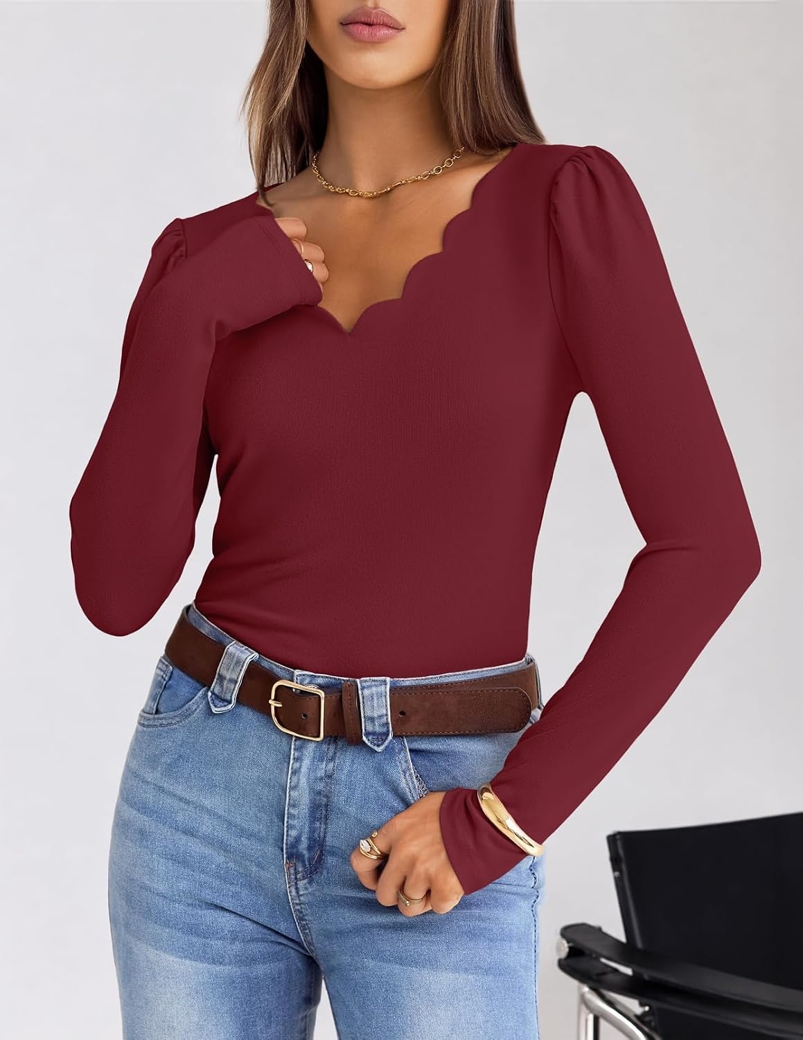 image:imageMEROKEETY Womens Fall Puff Long Sleeve Business Casual Tops Scalloped V Neck Cute Trendy Dressy Soft and Stretchy Work TShirt Ribbed Knit Fitted Blouse Going Out ClothesWine