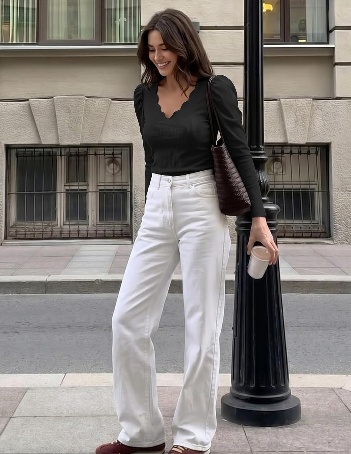 image:imageMEROKEETY Womens Fall Puff Long Sleeve Business Casual Tops Scalloped V Neck Cute Trendy Dressy Soft and Stretchy Work TShirt Ribbed Knit Fitted Blouse Going Out ClothesBlack