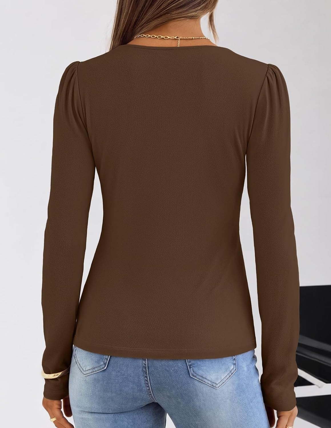 image:imageMEROKEETY Womens Fall Puff Long Sleeve Business Casual Tops Scalloped V Neck Cute Trendy Dressy Soft and Stretchy Work TShirt Ribbed Knit Fitted Blouse Going Out ClothesBrown