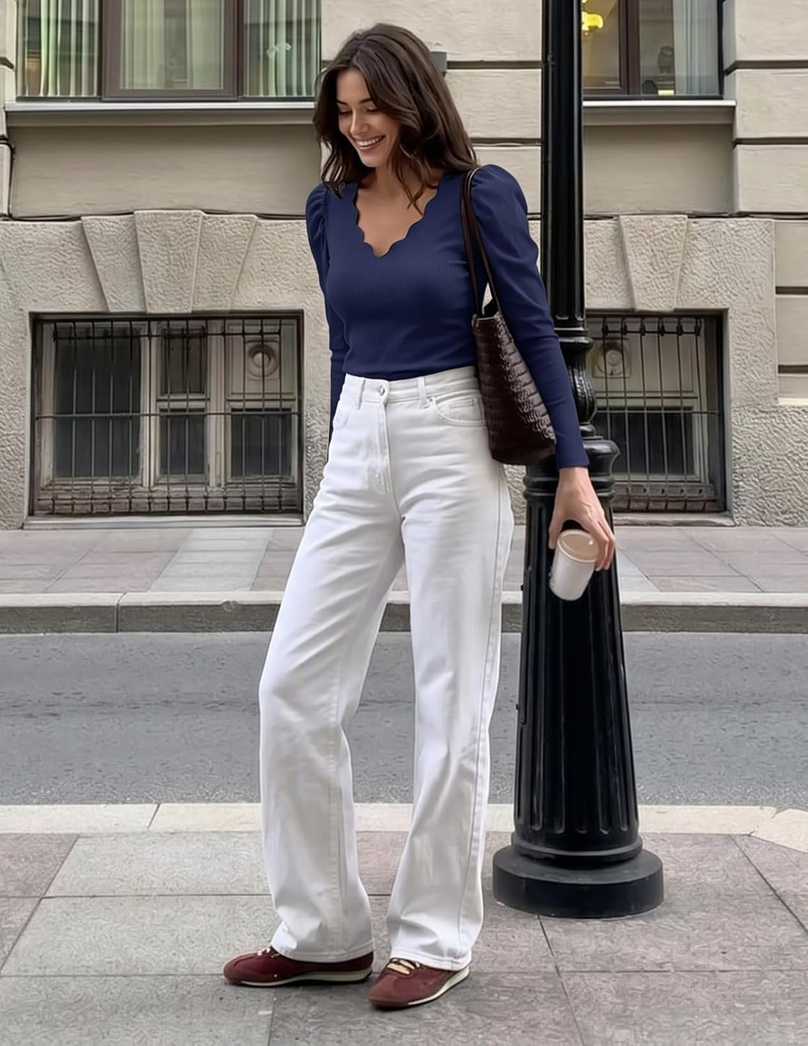 image:imageMEROKEETY Womens Fall Puff Long Sleeve Business Casual Tops Scalloped V Neck Cute Trendy Dressy Soft and Stretchy Work TShirt Ribbed Knit Fitted Blouse Going Out ClothesNavy