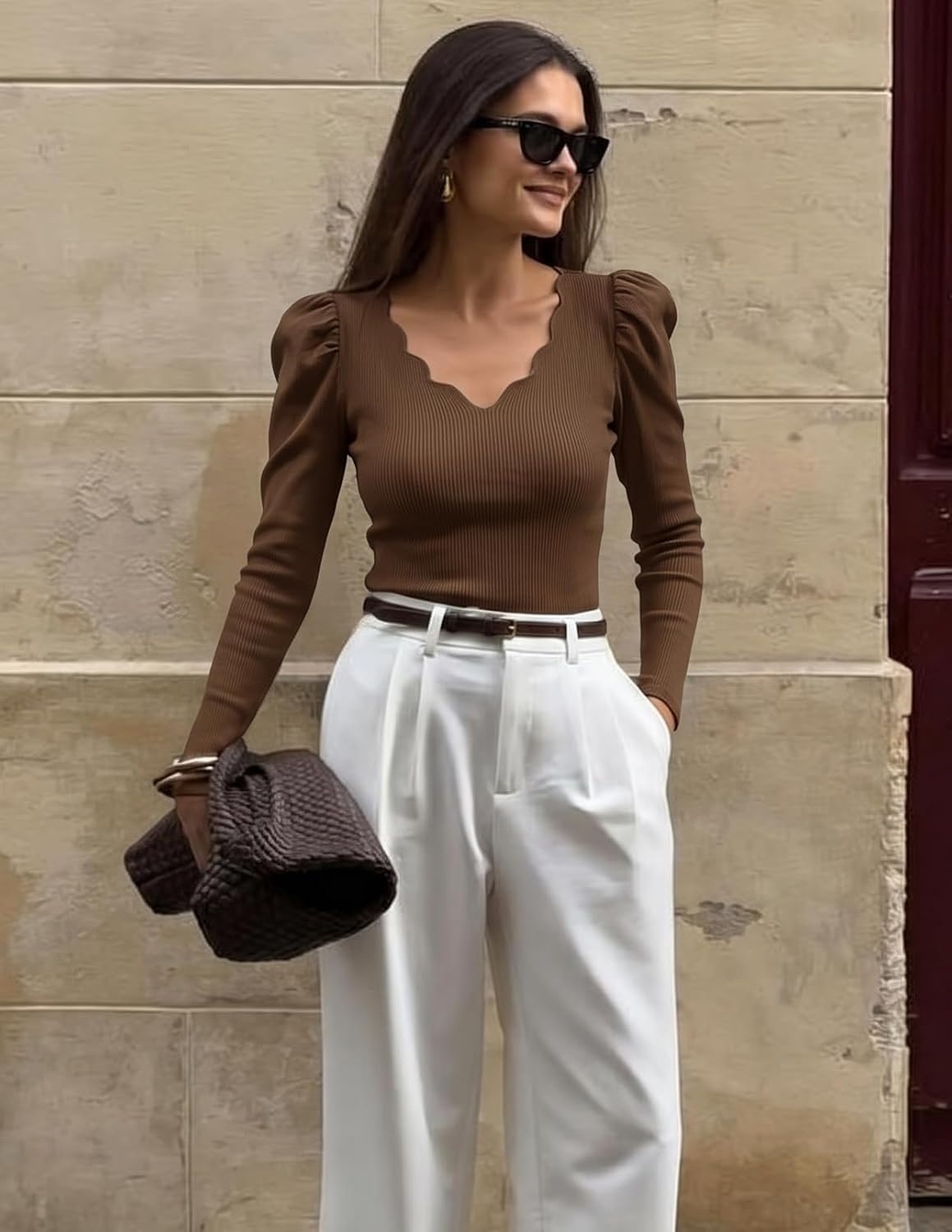 image:imageMEROKEETY Womens Fall Puff Long Sleeve Business Casual Tops Scalloped V Neck Cute Trendy Dressy Soft and Stretchy Work TShirt Ribbed Knit Fitted Blouse Going Out ClothesBrown
