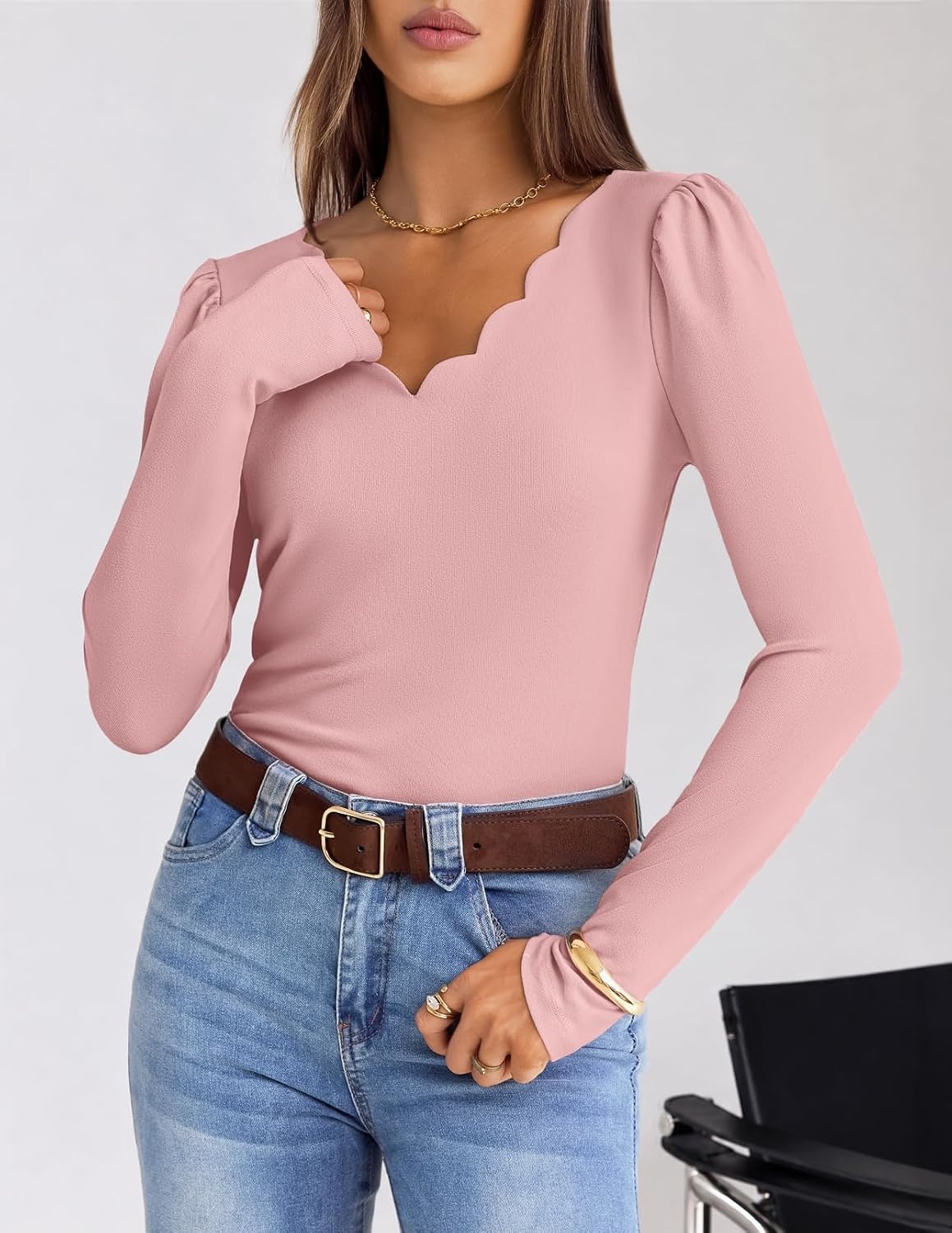 image:imageMEROKEETY Womens Fall Puff Long Sleeve Business Casual Tops Scalloped V Neck Cute Trendy Dressy Soft and Stretchy Work TShirt Ribbed Knit Fitted Blouse Going Out ClothesPink