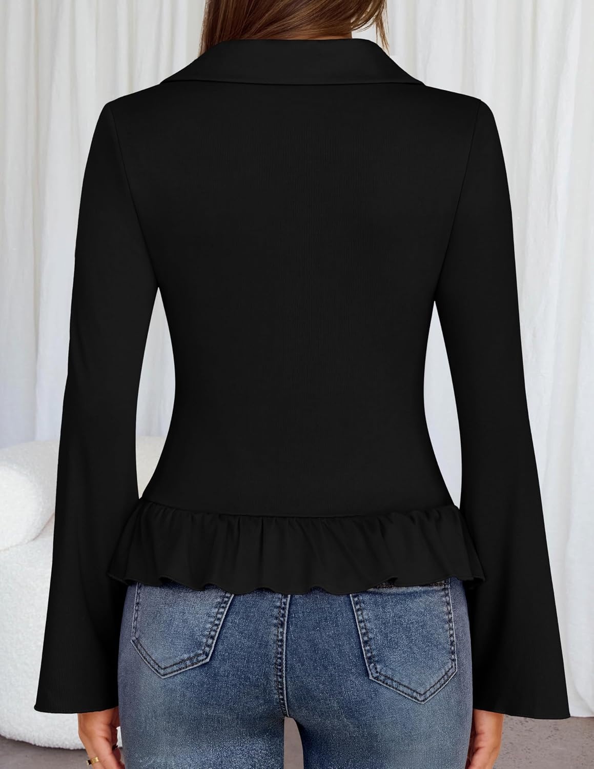 image:imageMEROKEETY Womens Long Sleeve Button Down Shirts 2026 Fall Ruched Collared V Neck Tops Ruffle Knit Business Casual BlousesBlack