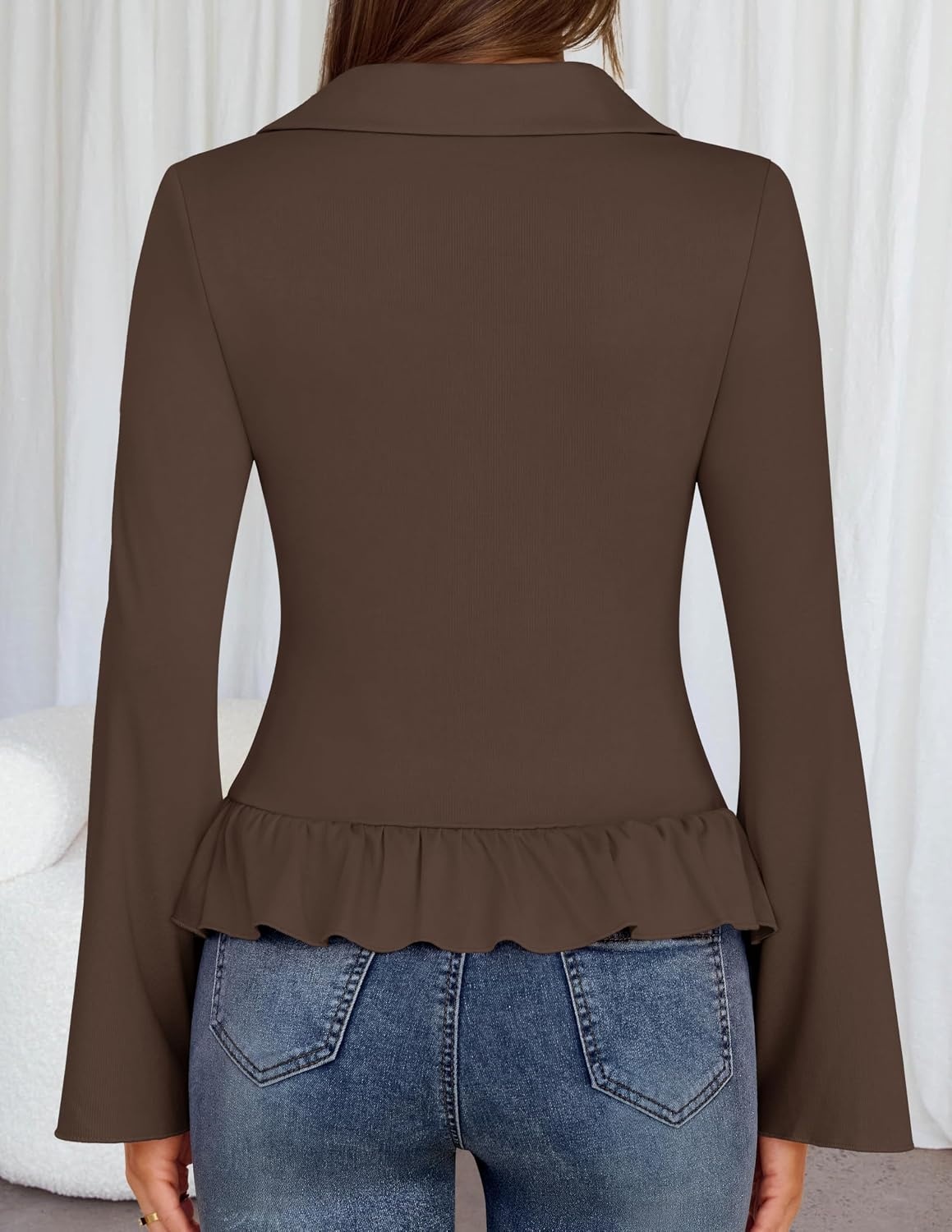 image:imageMEROKEETY Womens Long Sleeve Button Down Shirts 2026 Fall Ruched Collared V Neck Tops Ruffle Knit Business Casual BlousesBrown