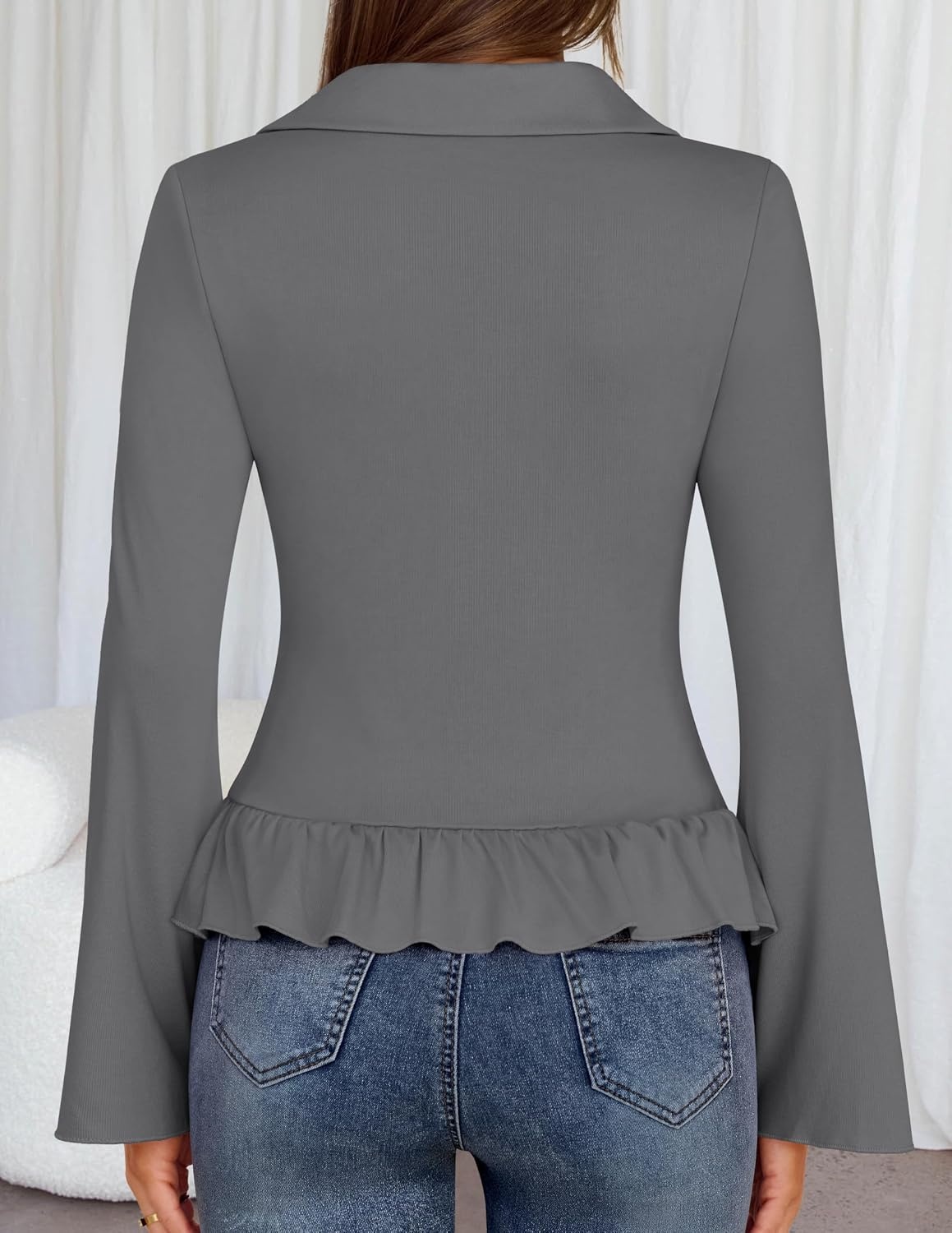image:imageMEROKEETY Womens Long Sleeve Button Down Shirts 2026 Fall Ruched Collared V Neck Tops Ruffle Knit Business Casual BlousesGray