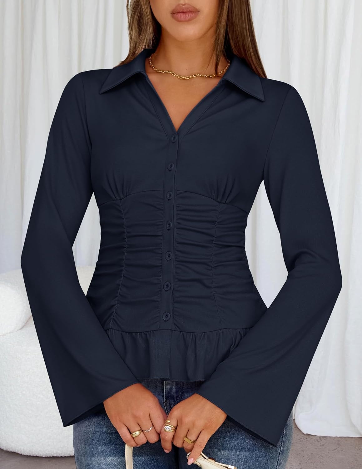 image:imageMEROKEETY Womens Long Sleeve Button Down Shirts 2026 Fall Ruched Collared V Neck Tops Ruffle Knit Business Casual BlousesNavy