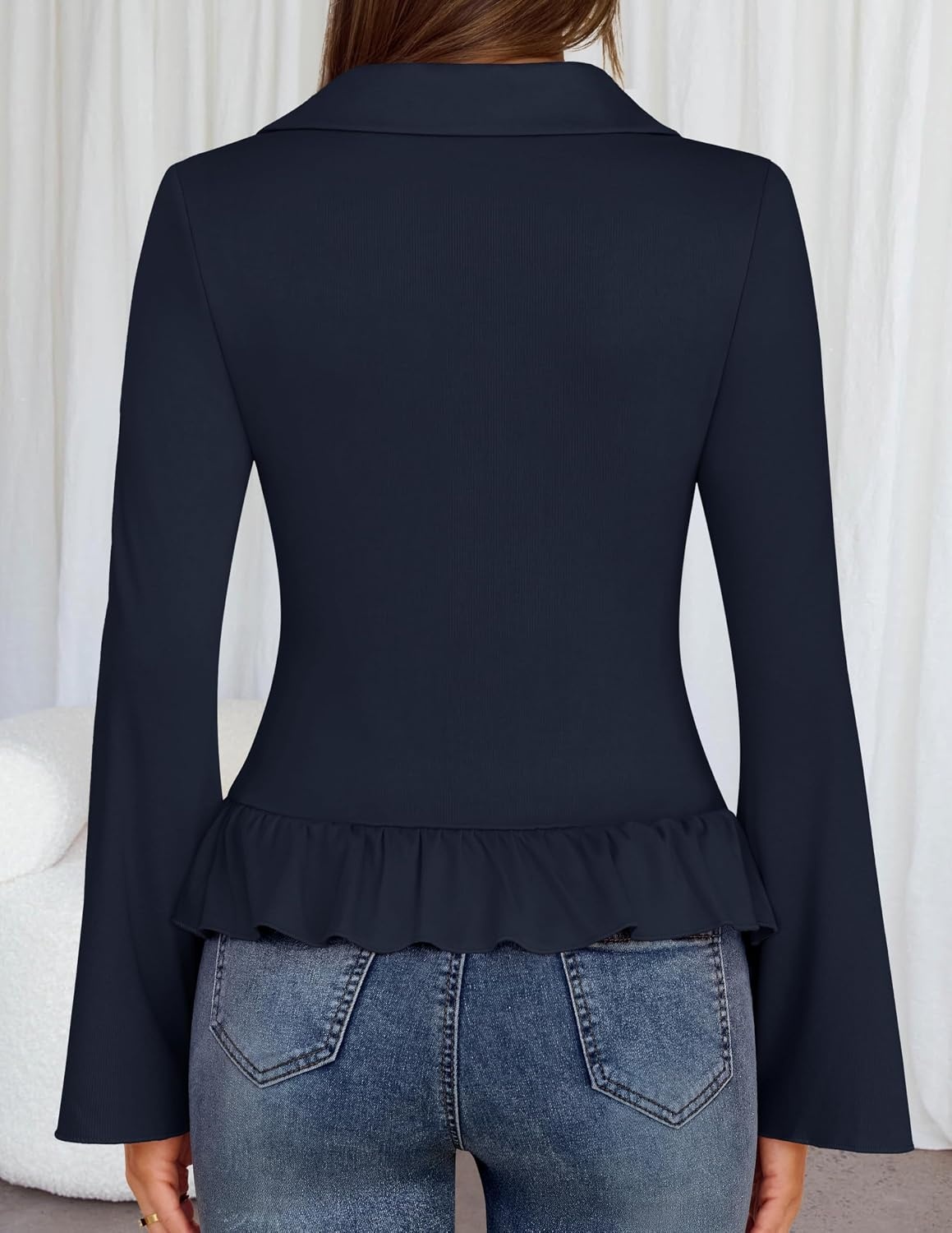 image:imageMEROKEETY Womens Long Sleeve Button Down Shirts 2026 Fall Ruched Collared V Neck Tops Ruffle Knit Business Casual BlousesNavy
