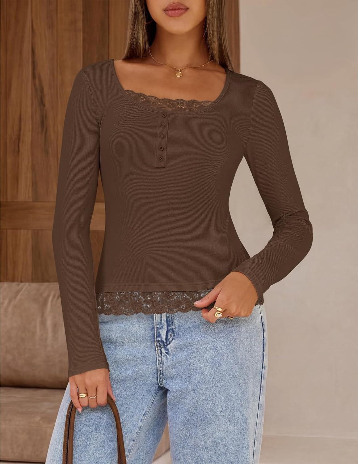 image:imageMEROKEETY Womens Long Sleeve Lace Trim Tops 2026 Cute Scoop Neck Going Out Fitted shirts Ribbed Knit Stretchy Blouses Button Basic Tees Trendy Y2K Outfits Fall Fashion Layering Winter ClothingCoffee