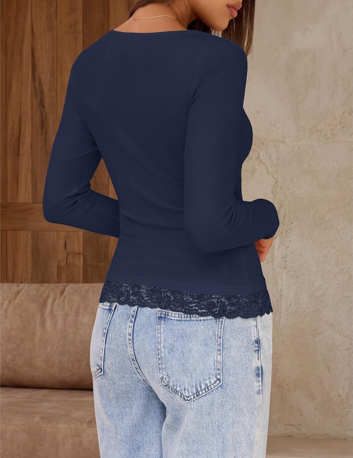 image:imageMEROKEETY Womens Long Sleeve Lace Trim Tops 2026 Cute Scoop Neck Going Out Fitted shirts Ribbed Knit Stretchy Blouses Button Basic Tees Trendy Y2K Outfits Fall Fashion Layering Winter ClothingNavy