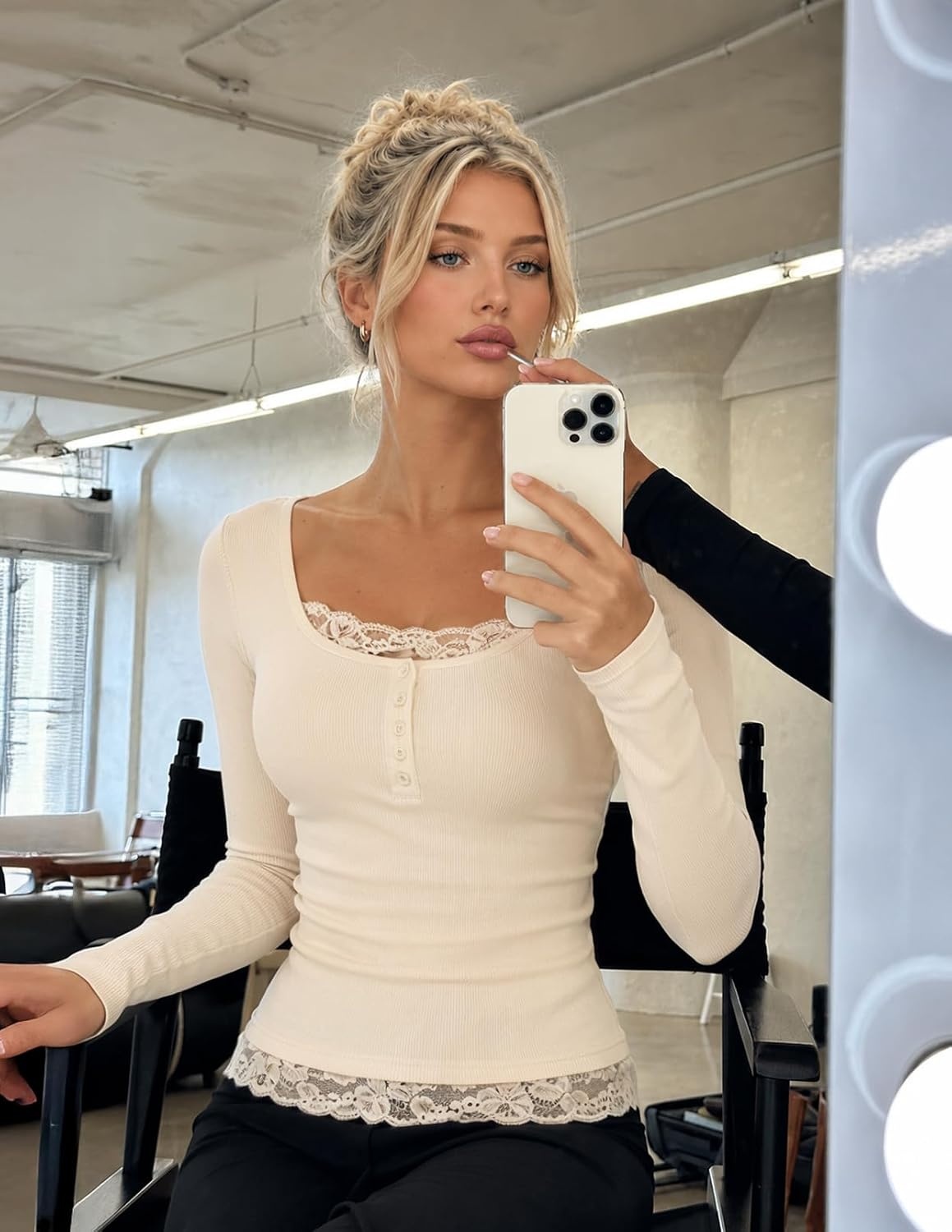 image:imageMEROKEETY Womens Long Sleeve Lace Trim Tops 2026 Cute Scoop Neck Going Out Fitted shirts Ribbed Knit Stretchy Blouses Button Basic Tees Trendy Y2K Outfits Fall Fashion Layering Winter ClothingApricot