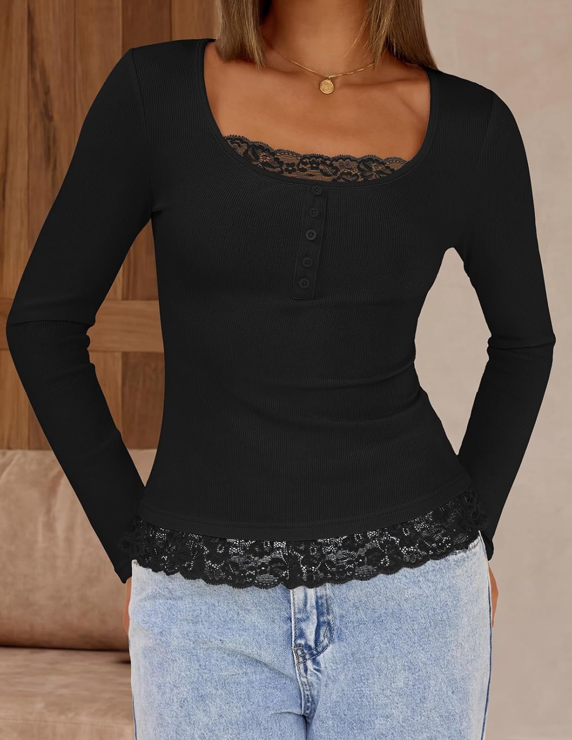 image:imageMEROKEETY Womens Long Sleeve Lace Trim Tops 2026 Cute Scoop Neck Going Out Fitted shirts Ribbed Knit Stretchy Blouses Button Basic Tees Trendy Y2K Outfits Fall Fashion Layering Winter ClothingBlack