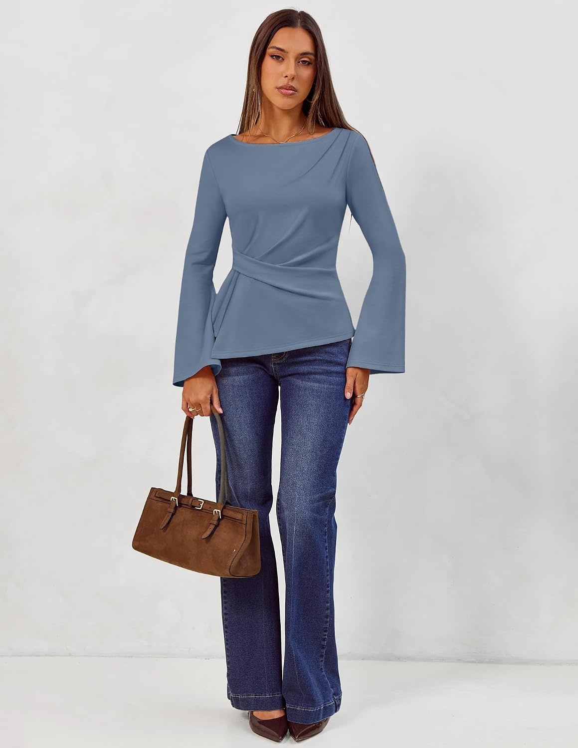 image:imageMEROKEETY Womens Long Sleeve Peplum Shirts 2026 Dressy Fall Casual Tops Ruched Waist Crew Neckline Flared Sleeves Slim Fit Business Casual Work Office Outfit Going Out Elegant Trendy BlousesDustyblue