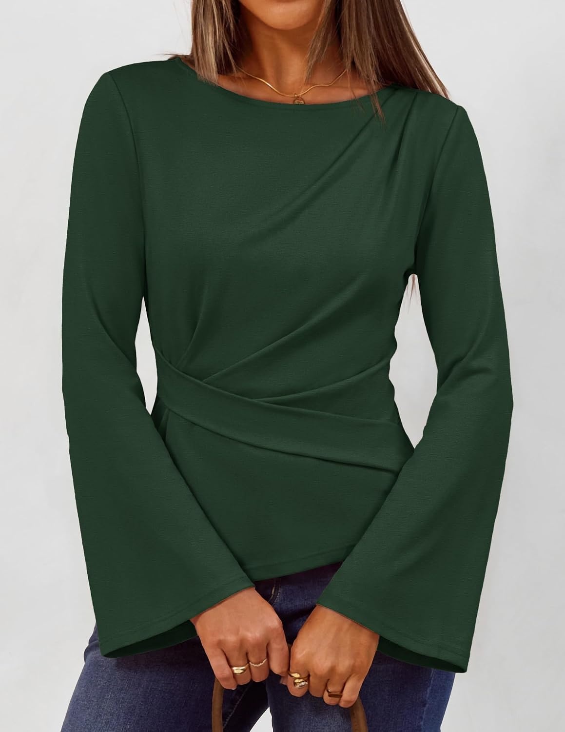 image:imageMEROKEETY Womens Long Sleeve Peplum Shirts 2026 Dressy Fall Casual Tops Ruched Waist Crew Neckline Flared Sleeves Slim Fit Business Casual Work Office Outfit Going Out Elegant Trendy BlousesDarkgreen
