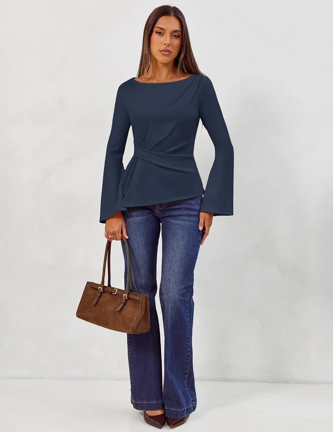 image:imageMEROKEETY Womens Long Sleeve Peplum Shirts 2026 Dressy Fall Casual Tops Ruched Waist Crew Neckline Flared Sleeves Slim Fit Business Casual Work Office Outfit Going Out Elegant Trendy BlousesNavy