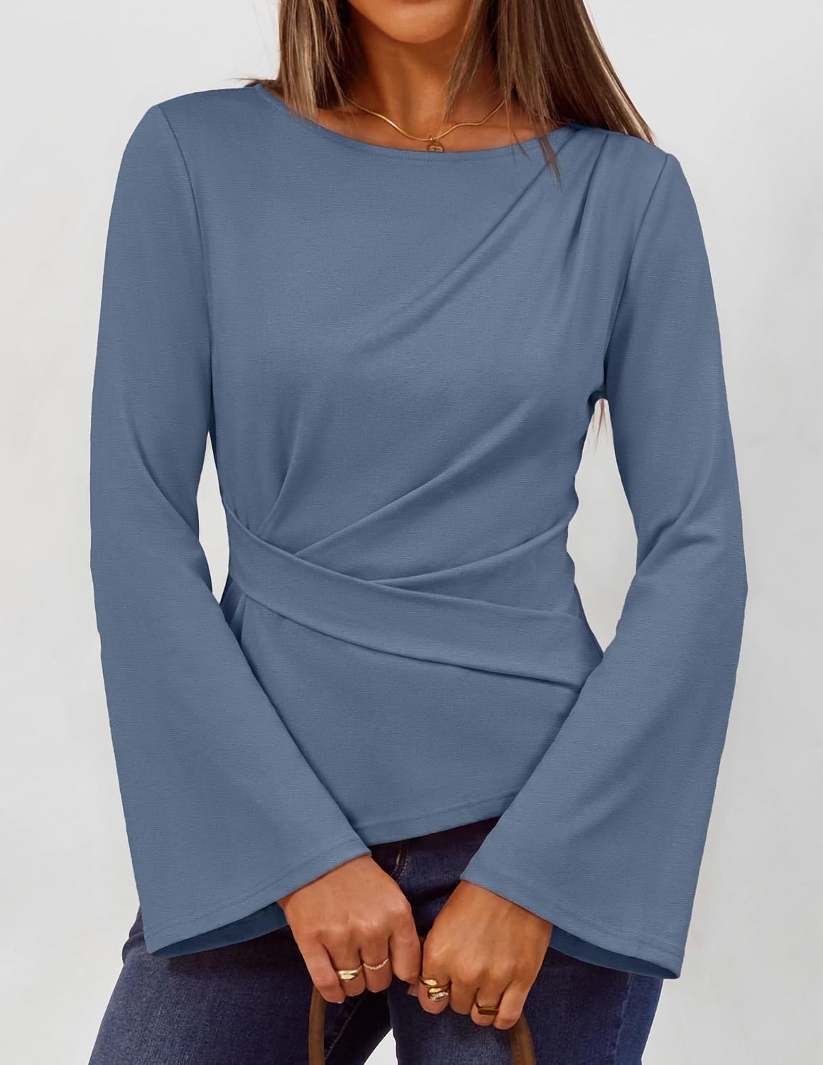 image:imageMEROKEETY Womens Long Sleeve Peplum Shirts 2026 Dressy Fall Casual Tops Ruched Waist Crew Neckline Flared Sleeves Slim Fit Business Casual Work Office Outfit Going Out Elegant Trendy BlousesDustyblue