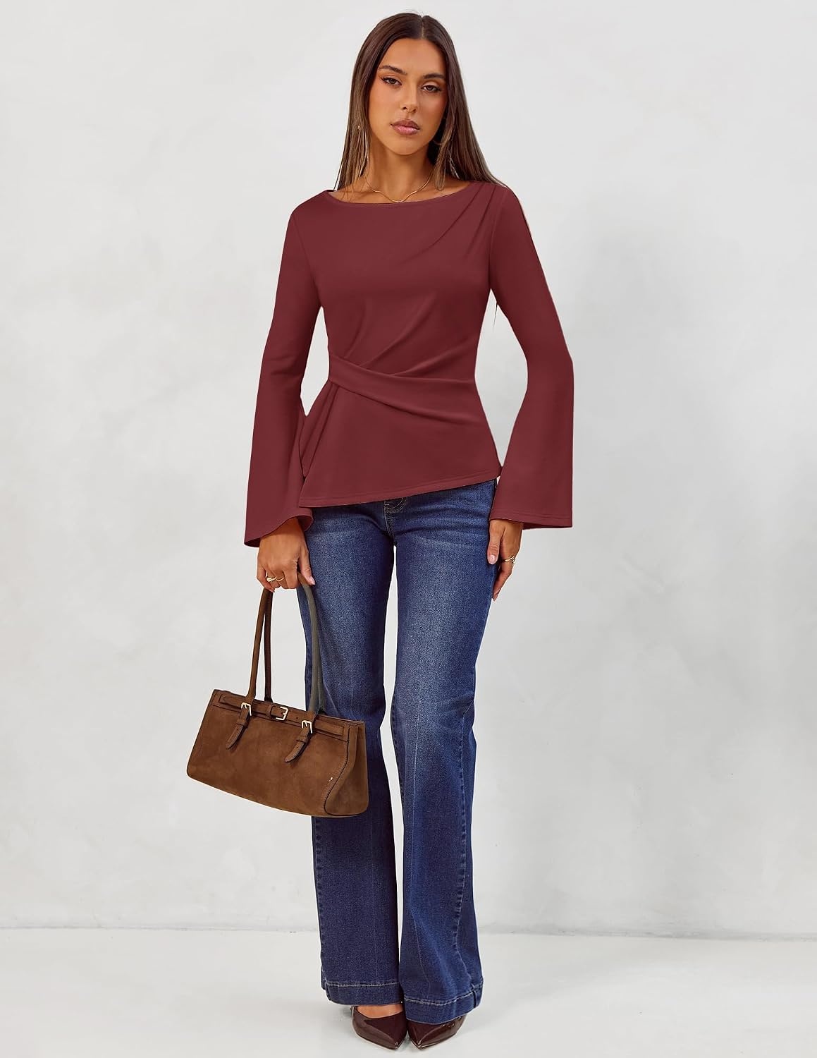 image:imageMEROKEETY Womens Long Sleeve Peplum Shirts 2026 Dressy Fall Casual Tops Ruched Waist Crew Neckline Flared Sleeves Slim Fit Business Casual Work Office Outfit Going Out Elegant Trendy BlousesWine
