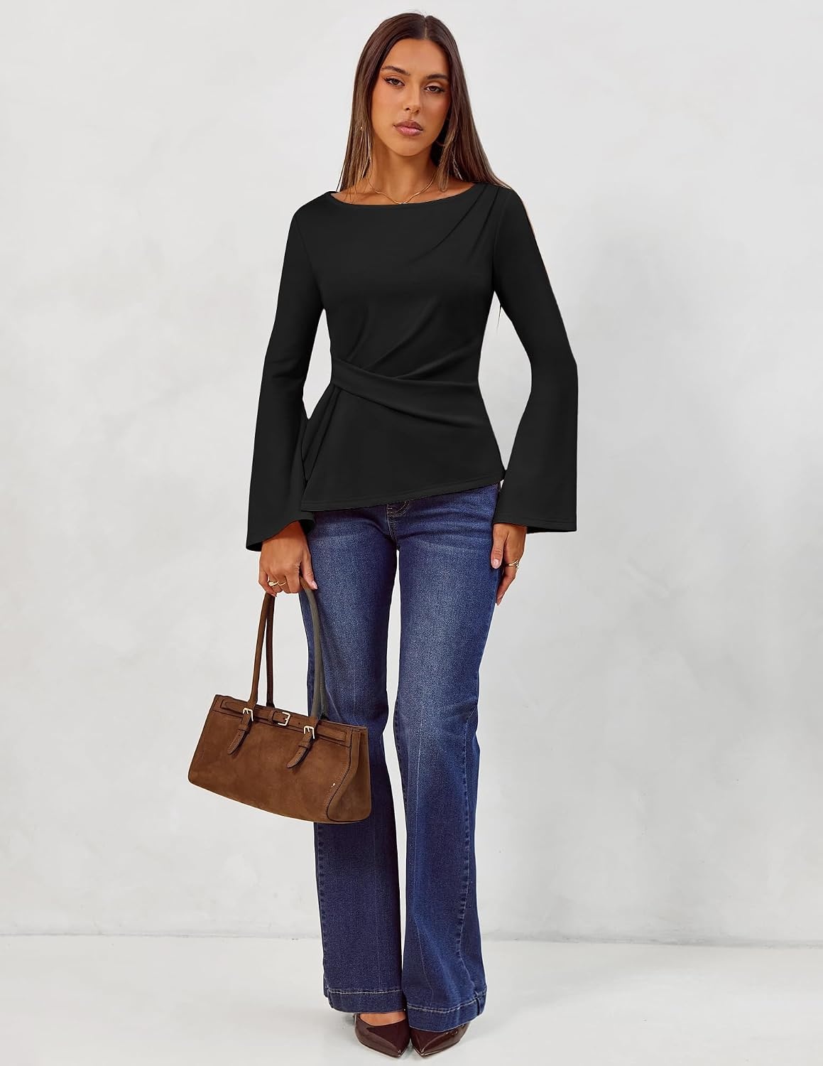 image:imageMEROKEETY Womens Long Sleeve Peplum Shirts 2026 Dressy Fall Casual Tops Ruched Waist Crew Neckline Flared Sleeves Slim Fit Business Casual Work Office Outfit Going Out Elegant Trendy BlousesBlack