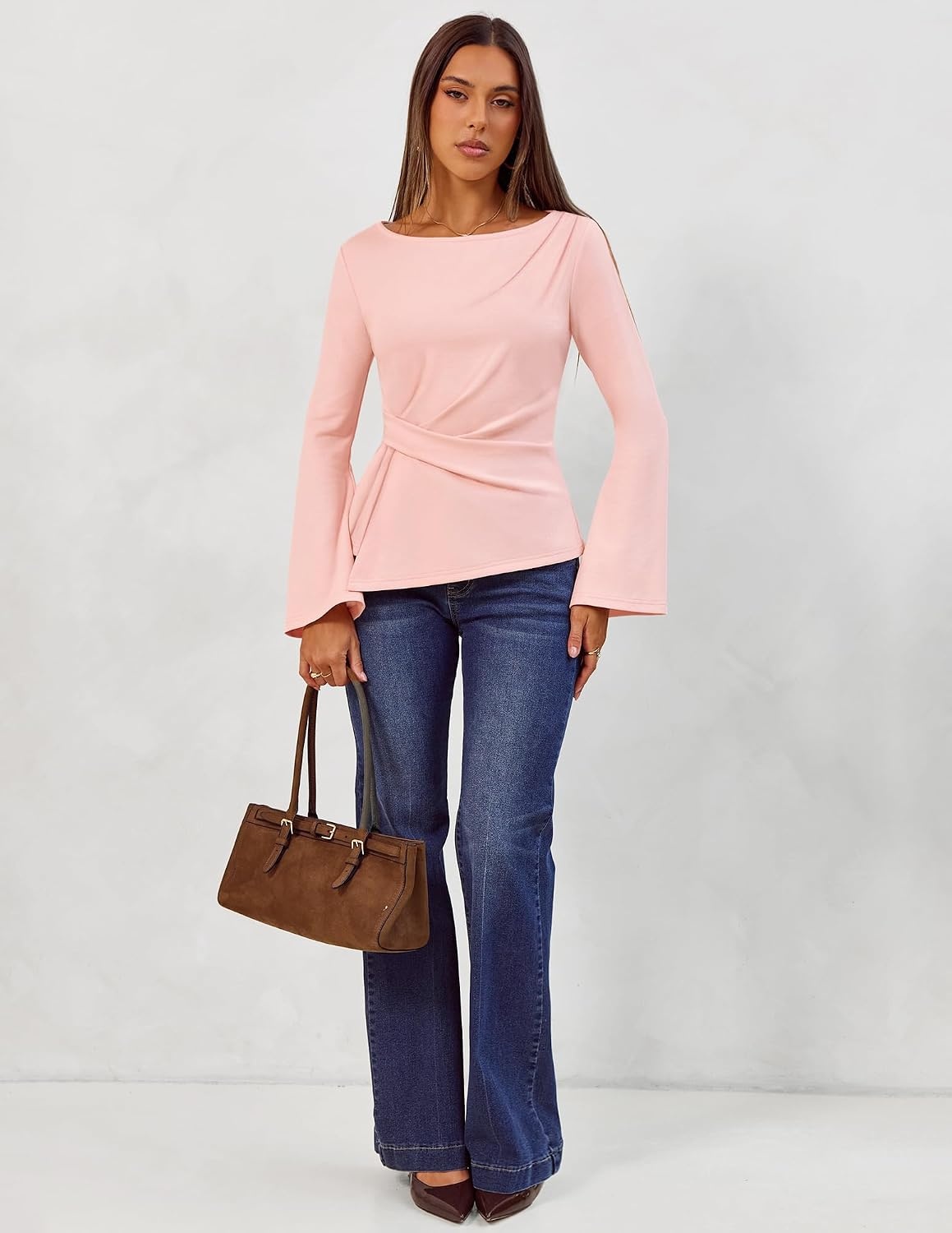 image:imageMEROKEETY Womens Long Sleeve Peplum Shirts 2026 Dressy Fall Casual Tops Ruched Waist Crew Neckline Flared Sleeves Slim Fit Business Casual Work Office Outfit Going Out Elegant Trendy BlousesPink