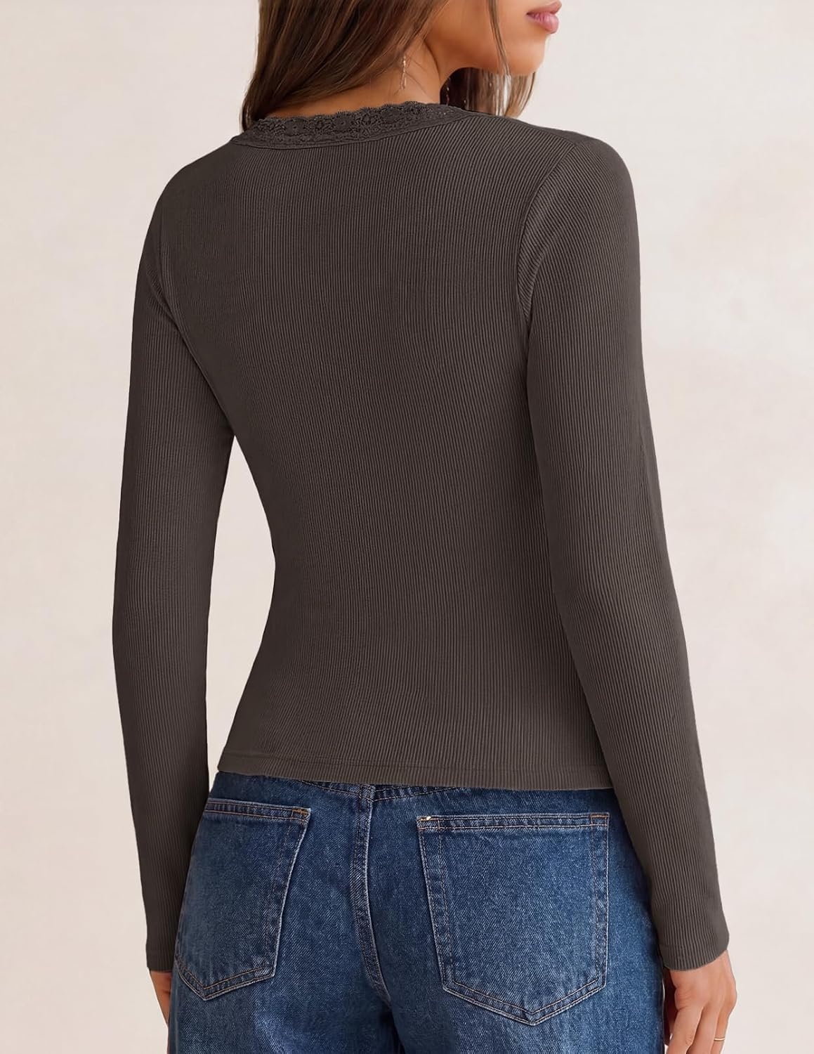 image:imageMEROKEETY Womens Long Sleeve V Neck Lace Trim Cute Tops Ribbed Tshirt Knit Henley Shirts Ruched Fitted Going Out Blouses Trendy Y2K Outfits Fall Fashion Layering ClothingCoffee