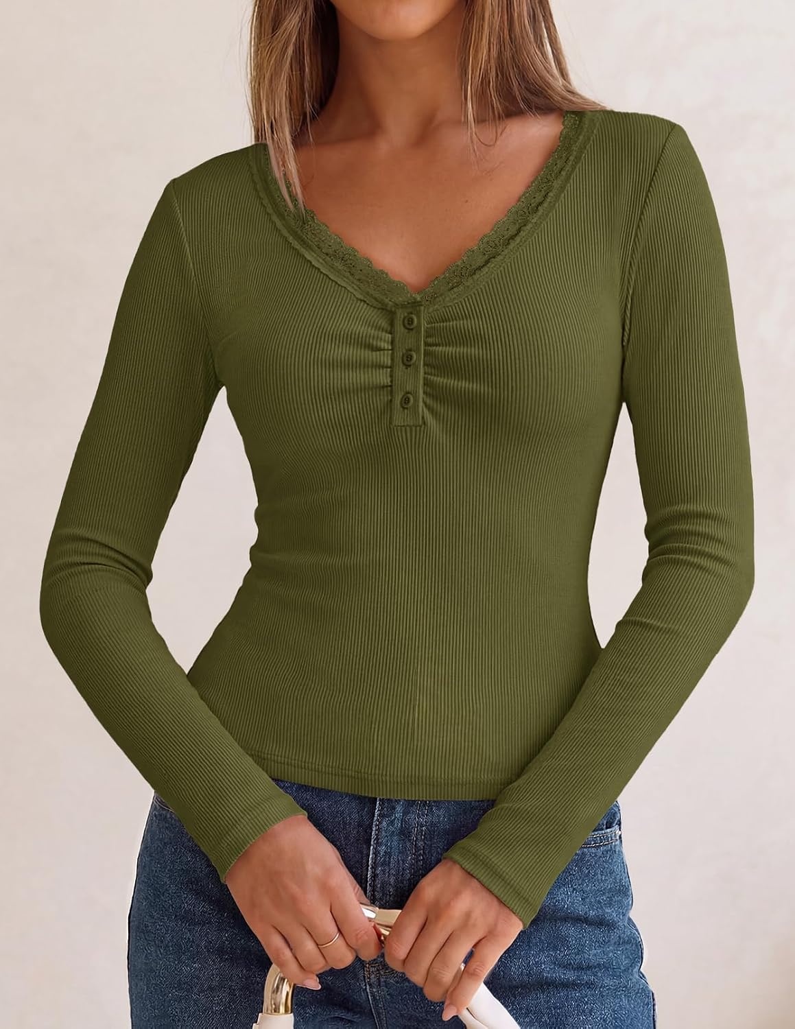 image:imageMEROKEETY Womens Long Sleeve V Neck Lace Trim Cute Tops Ribbed Tshirt Knit Henley Shirts Ruched Fitted Going Out Blouses Trendy Y2K Outfits Fall Fashion Layering ClothingArmy Green