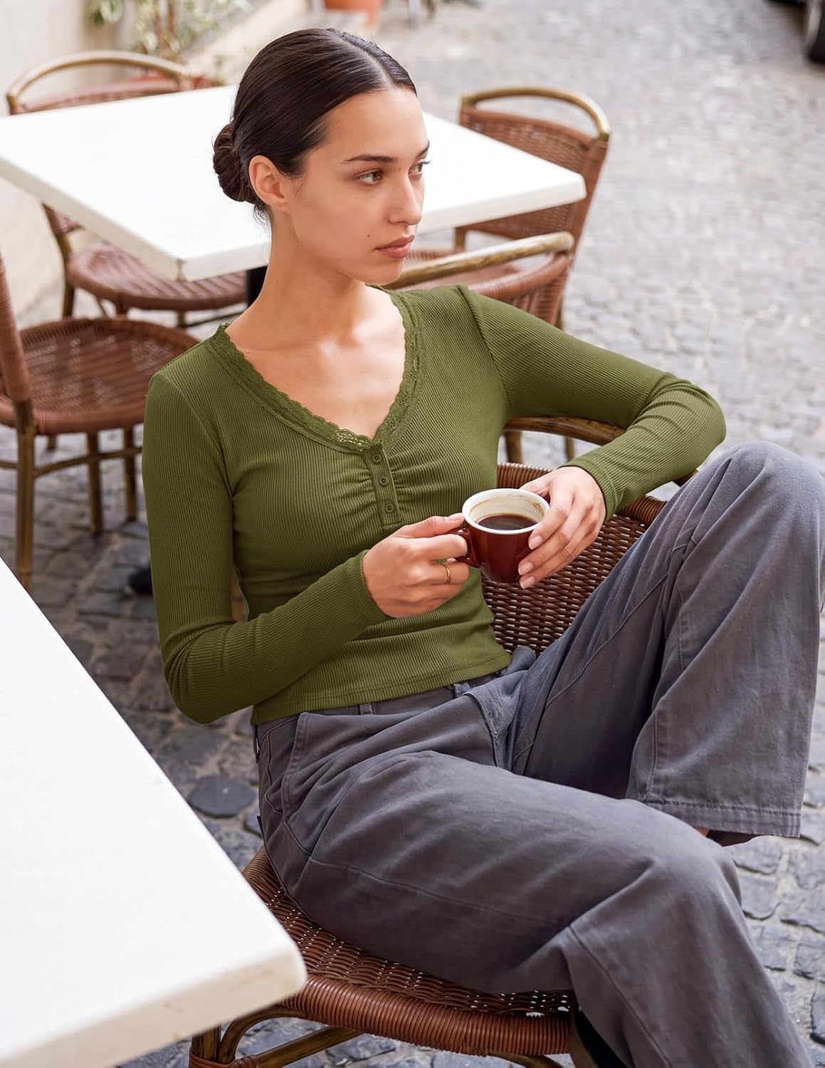 image:imageMEROKEETY Womens Long Sleeve V Neck Lace Trim Cute Tops Ribbed Tshirt Knit Henley Shirts Ruched Fitted Going Out Blouses Trendy Y2K Outfits Fall Fashion Layering ClothingArmy Green