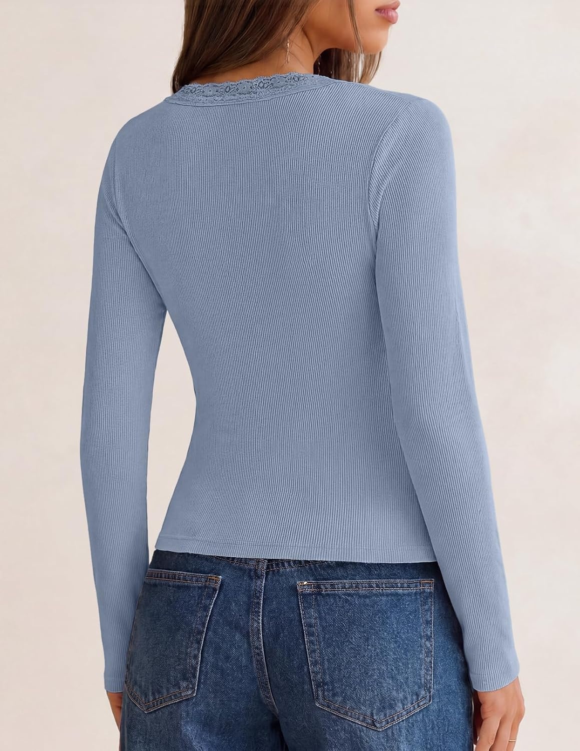 image:imageMEROKEETY Womens Long Sleeve V Neck Lace Trim Cute Tops Ribbed Tshirt Knit Henley Shirts Ruched Fitted Going Out Blouses Trendy Y2K Outfits Fall Fashion Layering ClothingDusty Blue