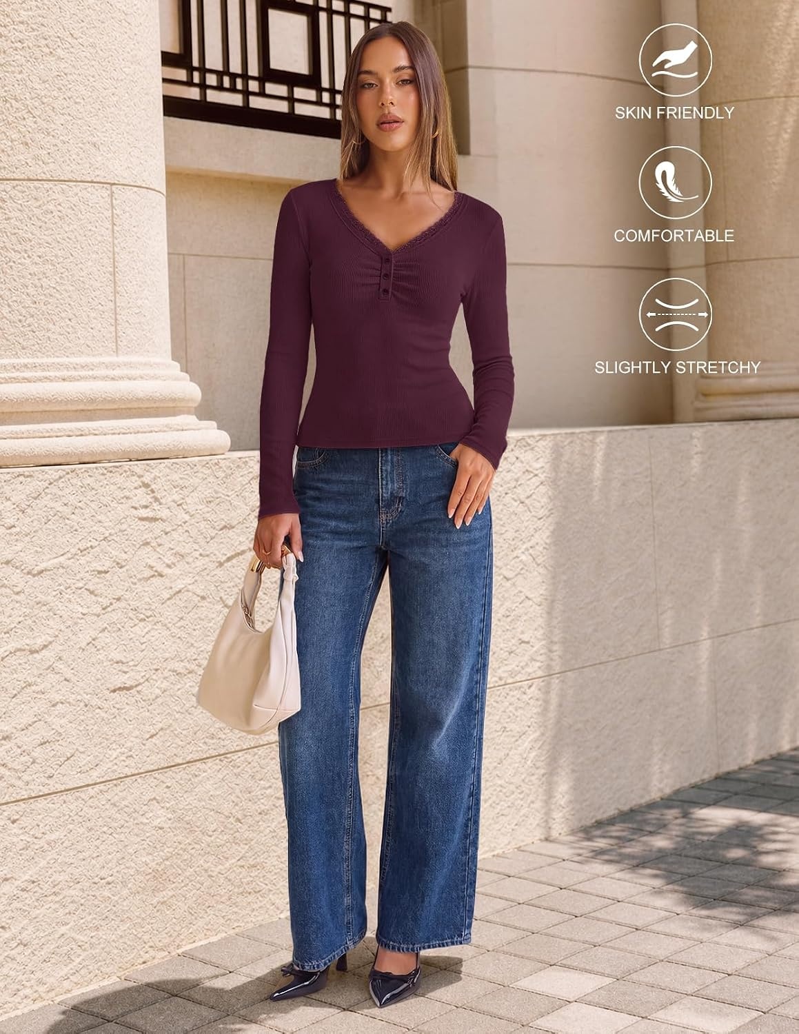 image:imageMEROKEETY Womens Long Sleeve V Neck Lace Trim Cute Tops Ribbed Tshirt Knit Henley Shirts Ruched Fitted Going Out Blouses Trendy Y2K Outfits Fall Fashion Layering ClothingBurgundy