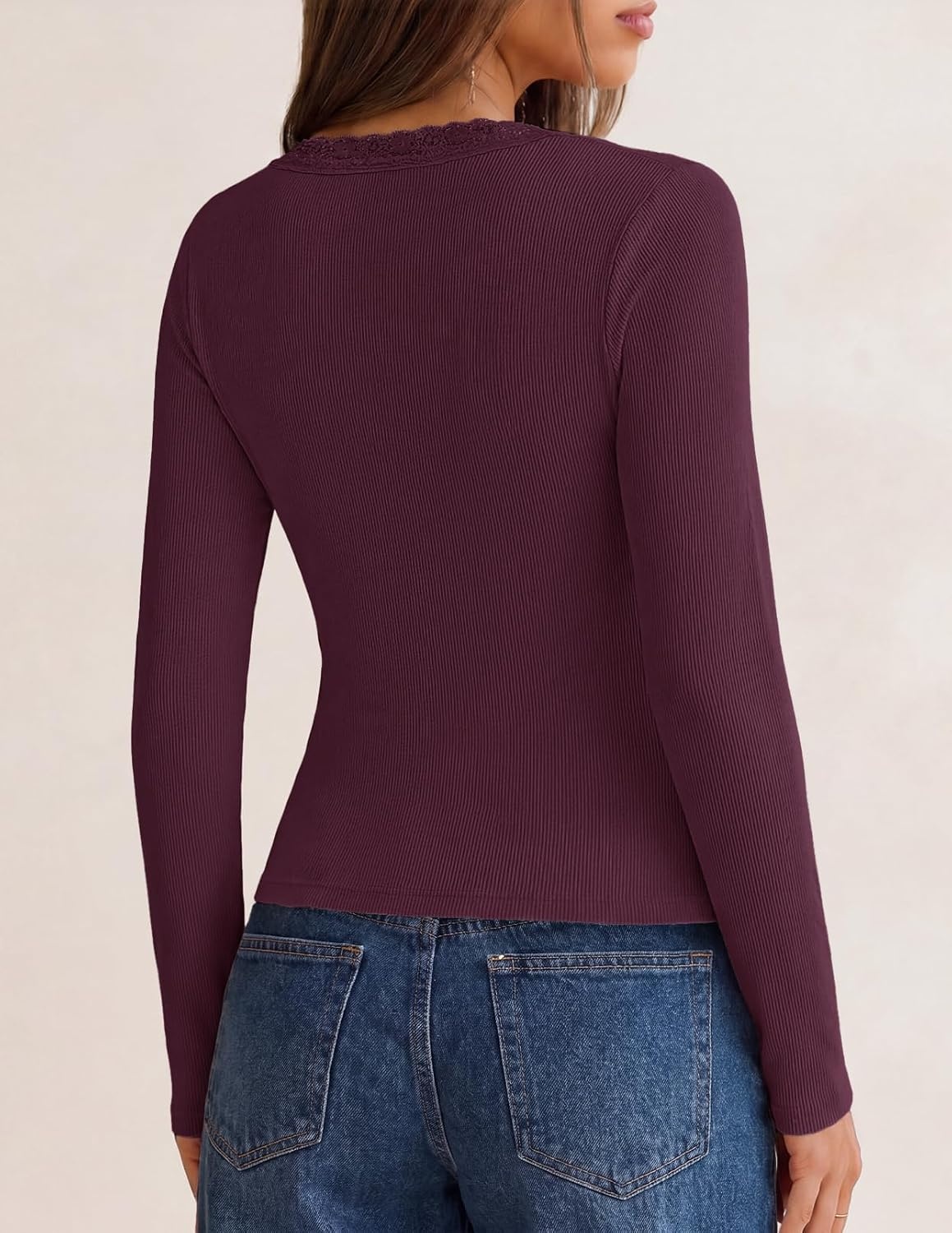 image:imageMEROKEETY Womens Long Sleeve V Neck Lace Trim Cute Tops Ribbed Tshirt Knit Henley Shirts Ruched Fitted Going Out Blouses Trendy Y2K Outfits Fall Fashion Layering ClothingBurgundy