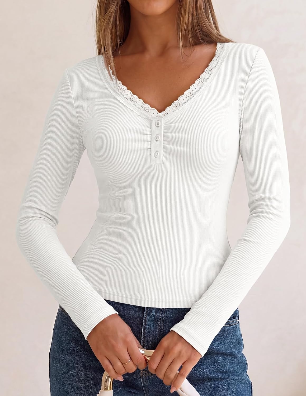 image:imageMEROKEETY Womens Long Sleeve V Neck Lace Trim Cute Tops Ribbed Tshirt Knit Henley Shirts Ruched Fitted Going Out Blouses Trendy Y2K Outfits Fall Fashion Layering ClothingWhite