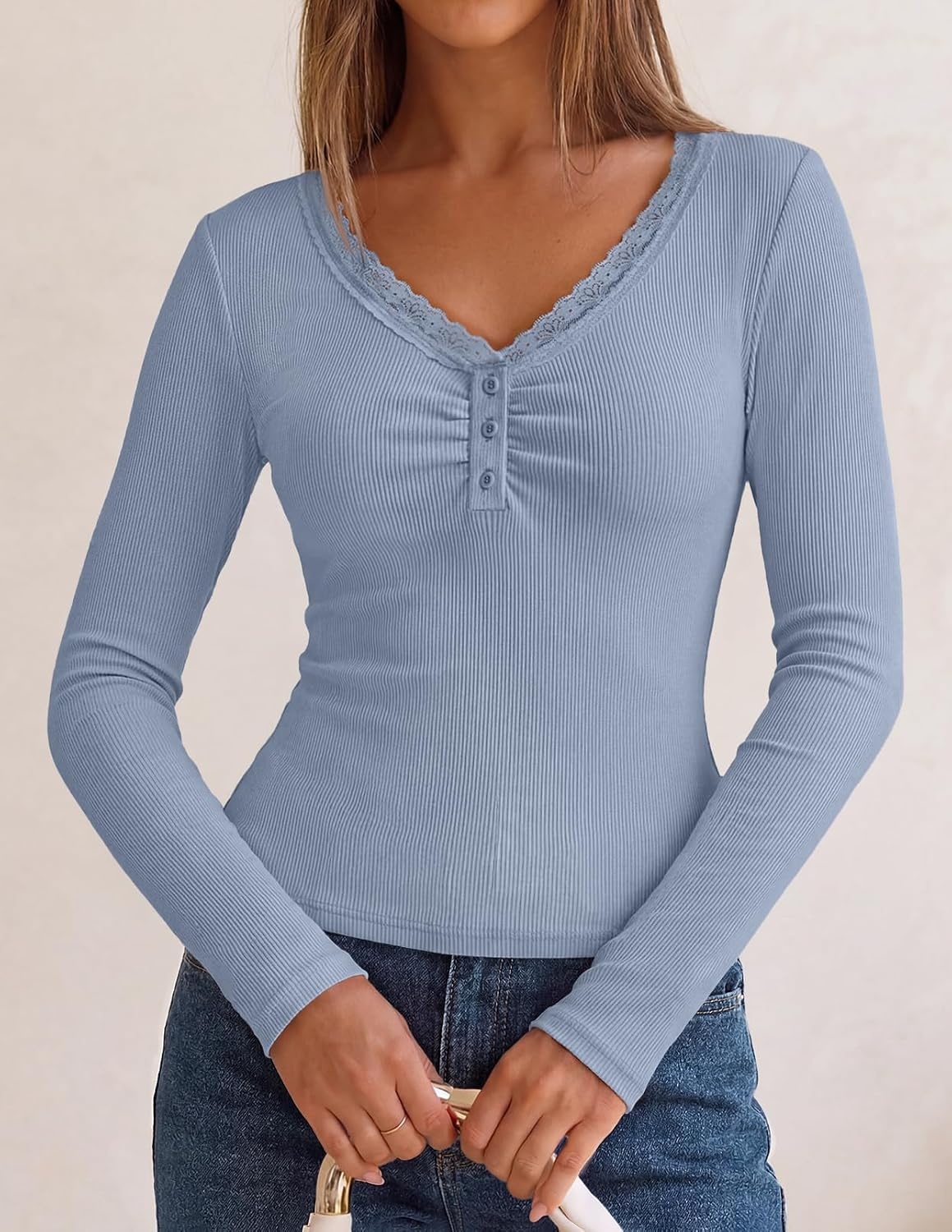 image:imageMEROKEETY Womens Long Sleeve V Neck Lace Trim Cute Tops Ribbed Tshirt Knit Henley Shirts Ruched Fitted Going Out Blouses Trendy Y2K Outfits Fall Fashion Layering ClothingDusty Blue